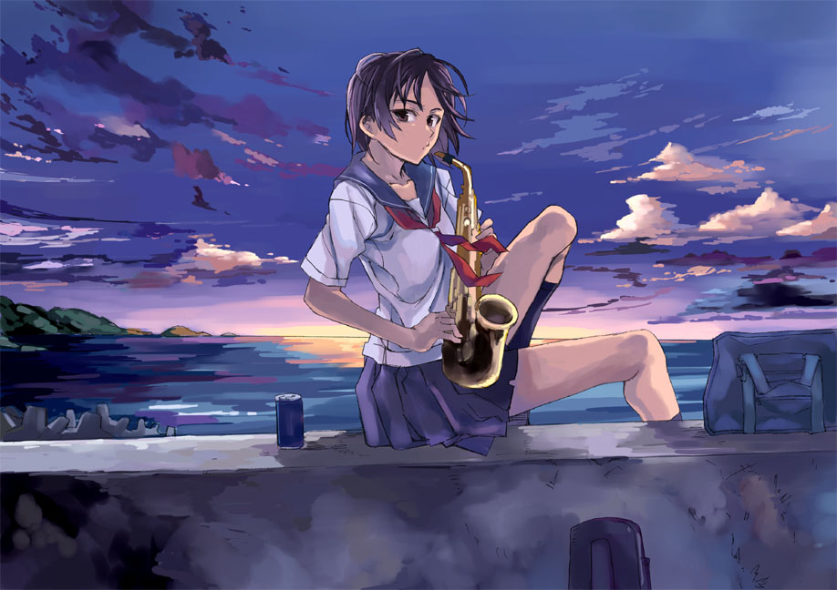 kno1, original, 1girl, female focus, instrument, legs, ocean, outdoors, saxophone, school uniform, serafuku, sky, solo, sunrise, sunset
