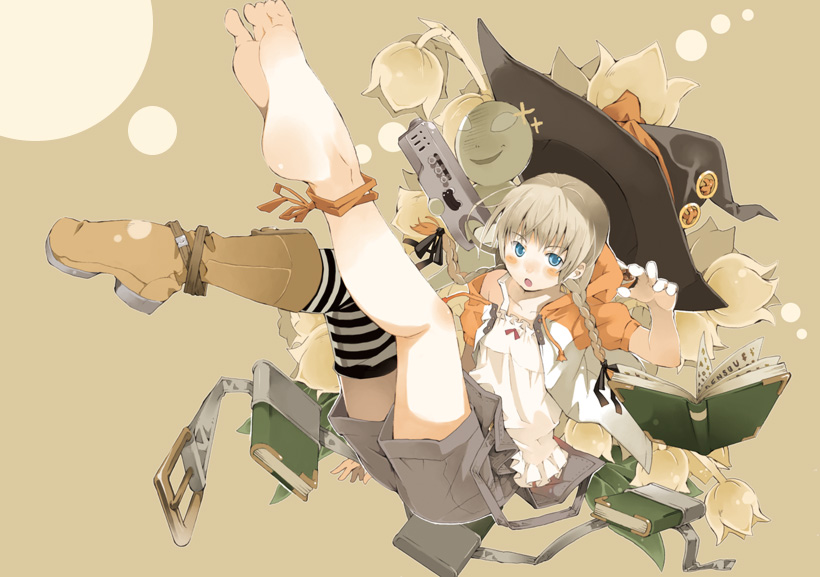 kuchibue, original, 1girl, asymmetrical clothes, barefoot, book, boots, braid, feet, female focus, flat chest, hair over shoulder, hat, shoes, single shoe, single thighhigh, soles, solo, thighhighs, toes, twin braids, witch hat