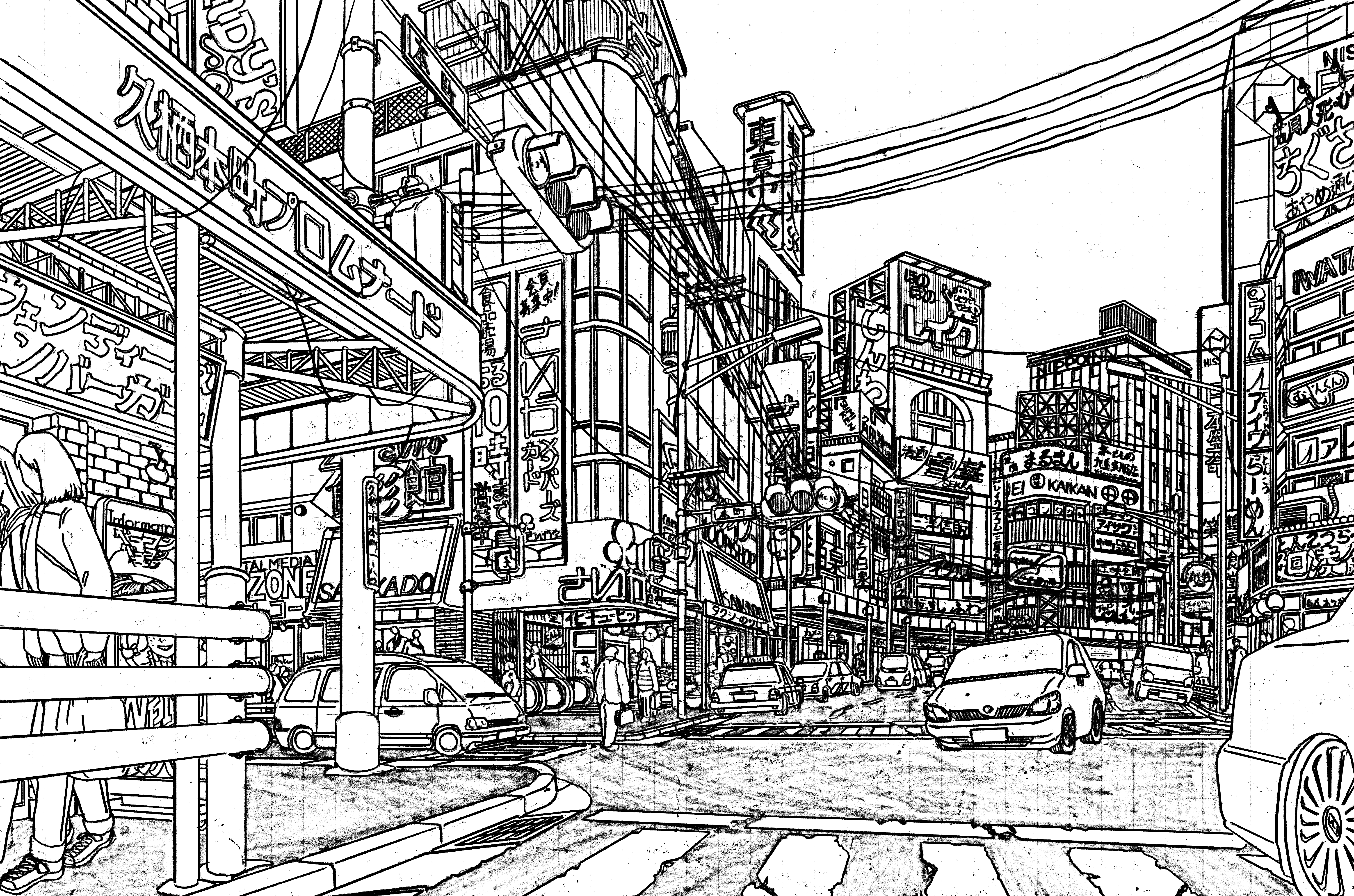 original, absurdres, commentary request, highres, pen (medium), traditional media, translation request, absurdly detailed composition, building, car, complex exterior, crosswalk, greyscale, lamppost, lineart, monochrome, motor vehicle, outdoors, people, power lines, road, scenery, sign, street, urban, yamaguti