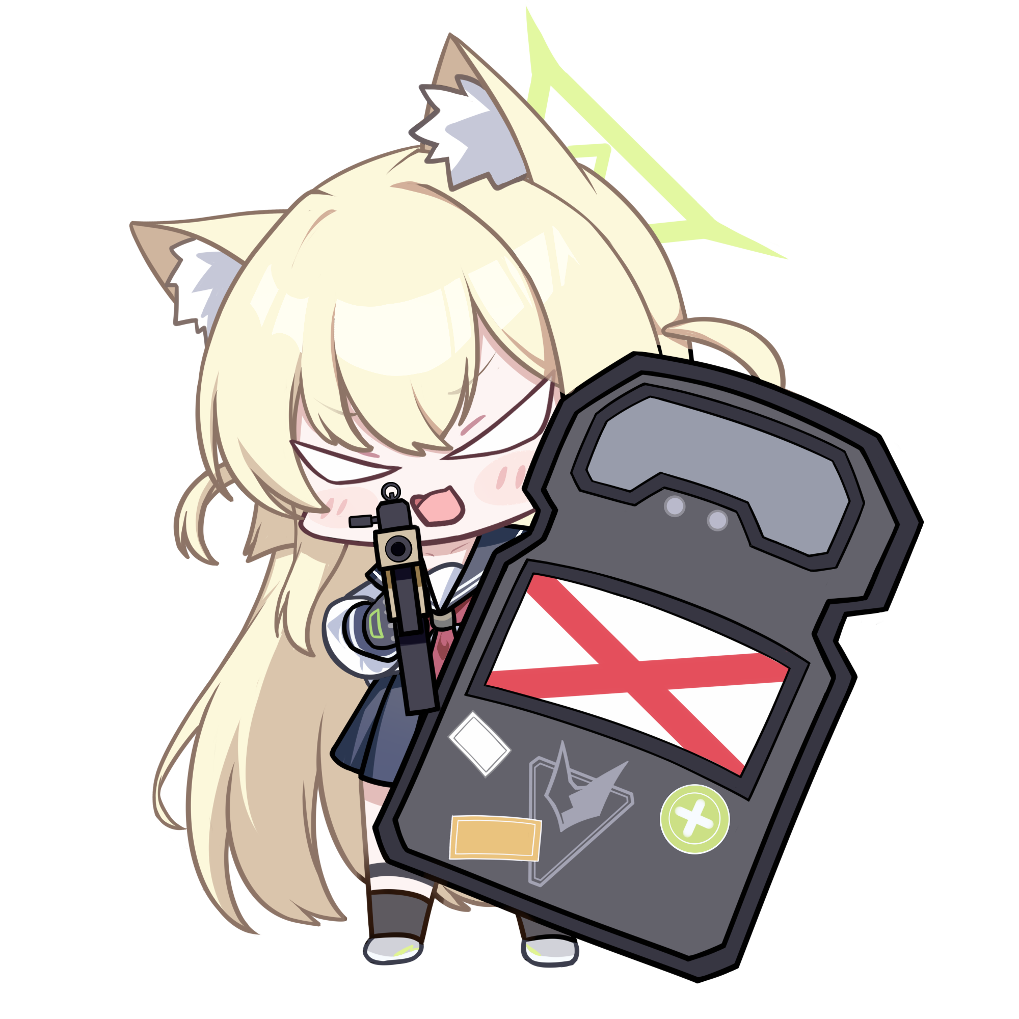 beiyong fadian ji, kurumi (blue archive), blue archive, bilingual commentary, chinese commentary, commentary request, highres, mixed-language commentary, partial commentary, 1girl, aiming, aiming at viewer, angry, animal ear fluff, animal ears, ballistic shield, black gloves, black sailor collar, black shirt, black socks, blank eyes, blonde hair, blush, chibi, chibi only, dual wielding, fox ears, fox girl, full body, gloves, green halo, gun, hair between eyes, halo, holding, holding gun, holding shield, holding weapon, long hair, long sleeves, miniskirt, open mouth, pleated skirt, sailor collar, school uniform, serafuku, shield, shirt, sidelocks, simple background, skirt, socks, solo, standing, straight hair, transparent background, tsurime, two side up, v-shaped eyebrows, very long hair, weapon, white shirt