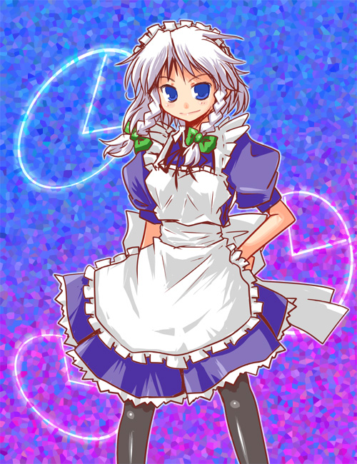 kanoe soushi, izayoi sakuya, touhou, silver hair, 1girl, braid, female focus, pantyhose, short hair, solo, twin braids