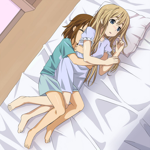mountain pukuichi, hirasawa yui, kotobuki tsumugi, k-on!, 00s, 2girls, barefoot, bed, blonde hair, blue eyes, blush, brown hair, closed eyes, cuddling, feet, from above, hug, lingerie, long hair, lying, multiple girls, nightgown, pillow, short hair, shorts, sleeping, spooning, underwear, yuri