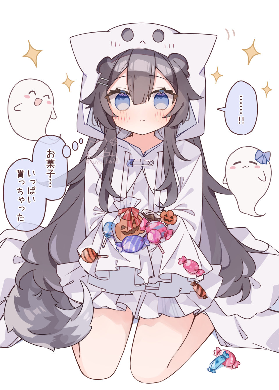 ringouulu, original, commentary request, highres, translation request, …, 1girl, blue eyes, blush, brown hair, candy, closed mouth, double-parted bangs, food, full body, ghost, ghost costume, hair between eyes, halloween, hood, hood up, long hair, long sleeves, looking at viewer, simple background, sitting, solo, sparkle, speech bubble, spoken ellipsis, thought bubble, wariza, white background