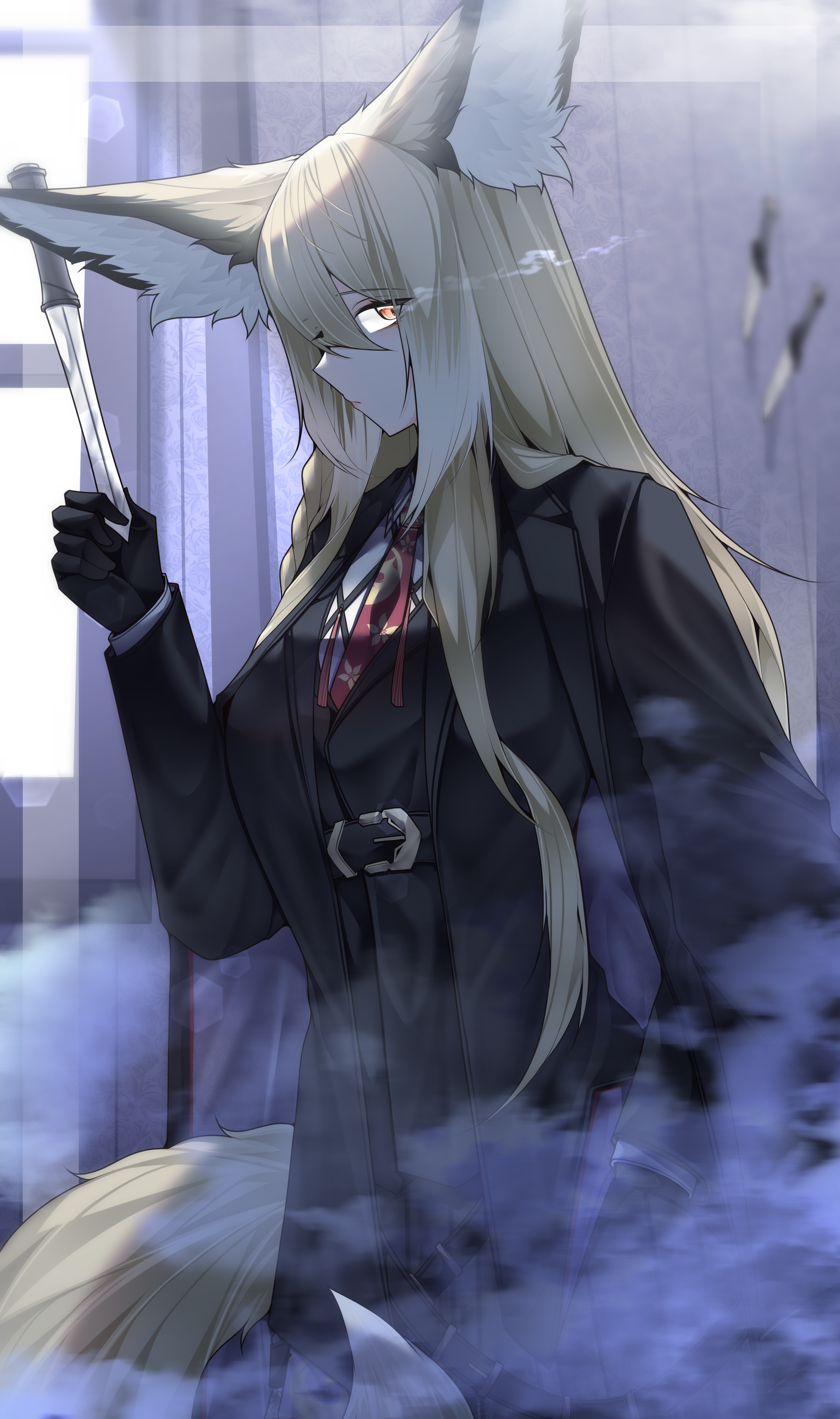 samip, vulpisfoglia (arknights), arknights, absurdres, commentary request, highres, 1girl, animal ears, black coat, black gloves, black jacket, black vest, blonde hair, closed mouth, coat, dated commentary, fox ears, fox girl, fox tail, glaring, gloves, hand up, holding, holding knife, holding weapon, jacket, knife, layered sleeves, long hair, long sleeves, necktie, orange eyes, red necktie, shirt, solo, tail, vest, weapon, white shirt