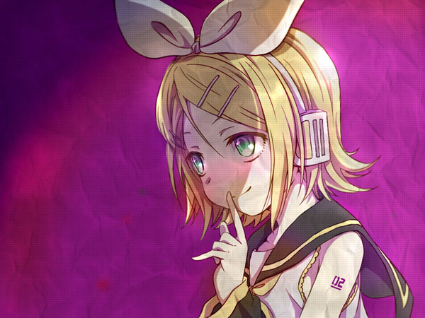 kona, kona (canaria), kagamine rin, vocaloid, 1girl, arm tattoo, bare shoulders, blonde hair, bow, female focus, finger to mouth, green eyes, hair bow, hair ornament, hairclip, headphones, headset, purple background, school uniform, short hair, smile, smirk, solo, tattoo