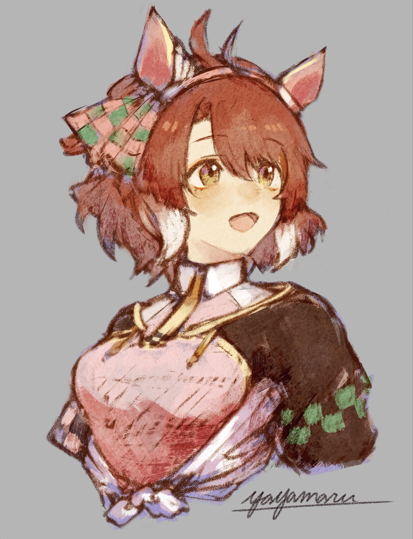 dantsu flame (center spotlight) (umamusume), dantsu flame (umamusume), umamusume, umamusume: beginning of a new era, highres, 1girl, ahoge, animal ears, blush, bow, breasts, brown eyes, brown hair, checkered ribbon, ear covers, ear ornament, ear ribbon, hair between eyes, horse ears, horse girl, large breasts, multicolored hair, occhahoi, open mouth, shirt, simple background, smile, solo, tied shirt, white hair, yayamarublog