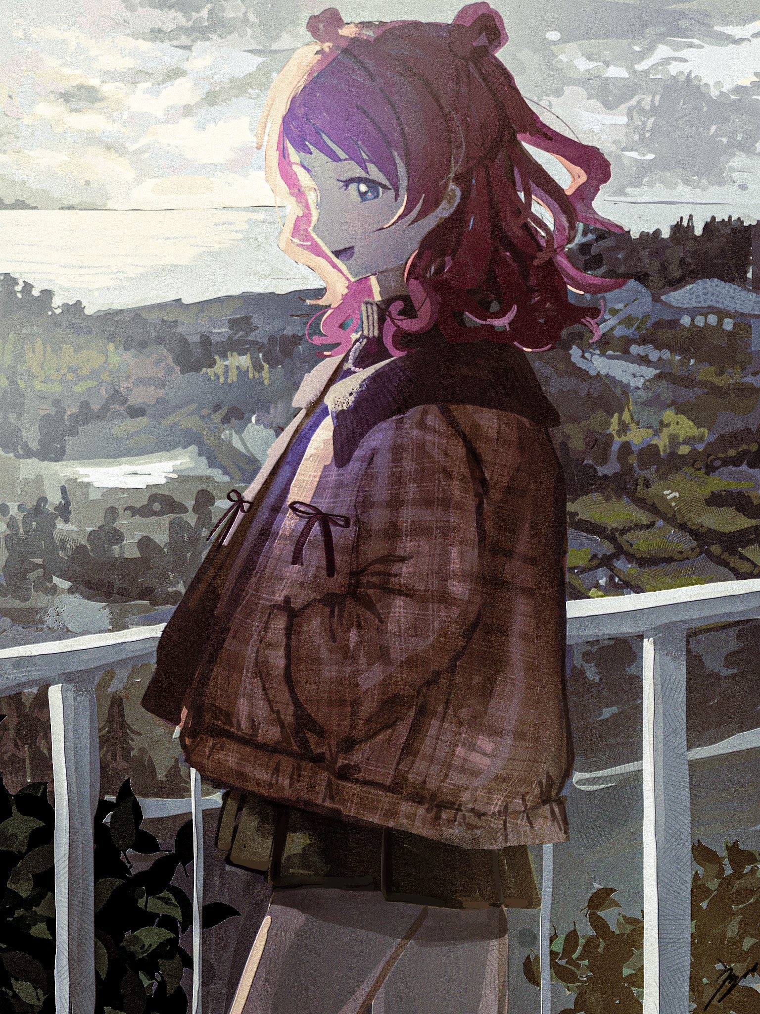 uzume (uzm0), hanami saki, gakuen idolmaster, idolmaster, commentary request, highres, 1girl, :d, black sweater, blue eyes, brown jacket, cowboy shot, double bun, film grain, green skirt, hair bun, hands in pockets, jacket, looking at viewer, medium hair, miniskirt, open clothes, open jacket, open mouth, outdoors, plaid clothes, plaid jacket, pleated skirt, profile, red hair, skirt, smile, solo, sweater, turtleneck, turtleneck sweater