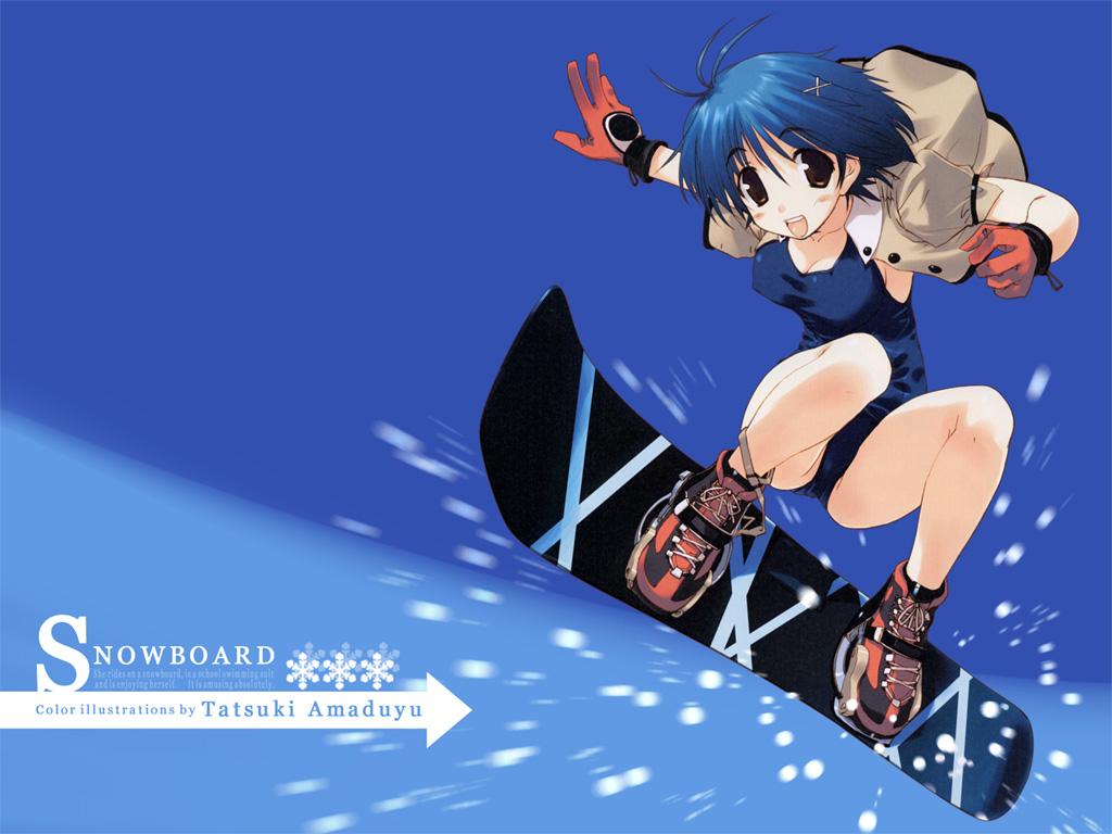amazuyu tatsuki, 1girl, blue hair, breasts, female focus, gloves, medium breasts, motion blur, one-piece swimsuit, short hair, smile, snowboard, solo, swimsuit