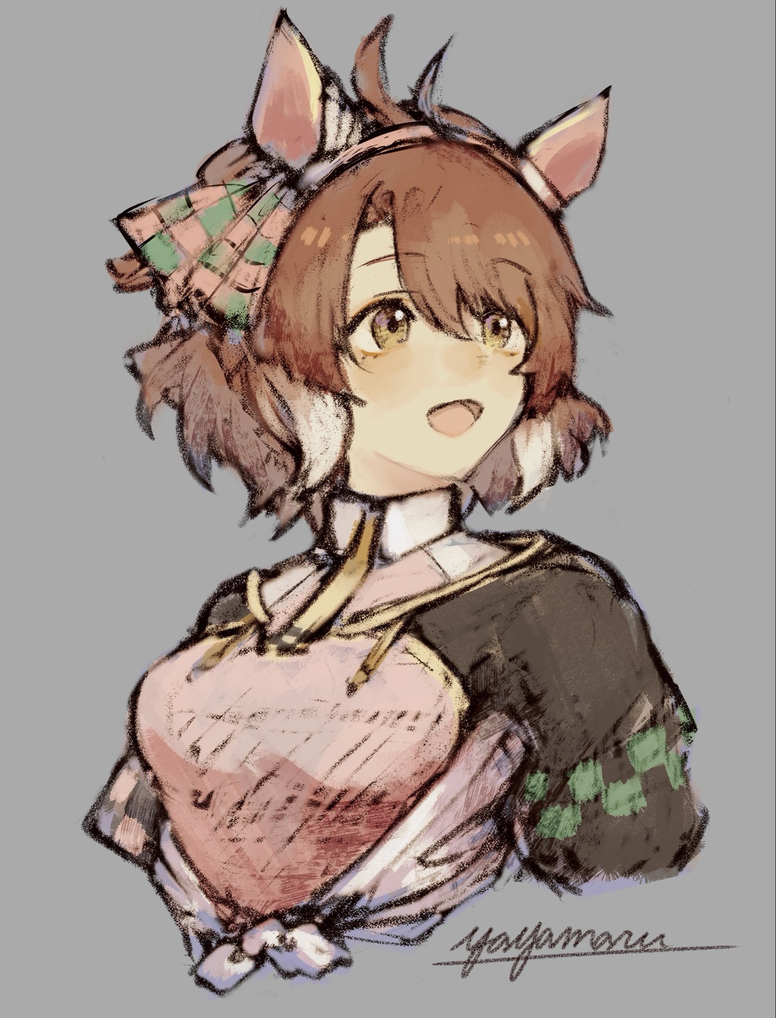 dantsu flame (center spotlight) (umamusume), dantsu flame (umamusume), umamusume, umamusume: beginning of a new era, highres, 1girl, ahoge, animal ears, blush, bow, breasts, brown eyes, brown hair, checkered ribbon, ear covers, ear ornament, ear ribbon, hair between eyes, horse ears, horse girl, large breasts, multicolored hair, occhahoi, open mouth, shirt, simple background, smile, solo, tied shirt, white hair, yayamarublog