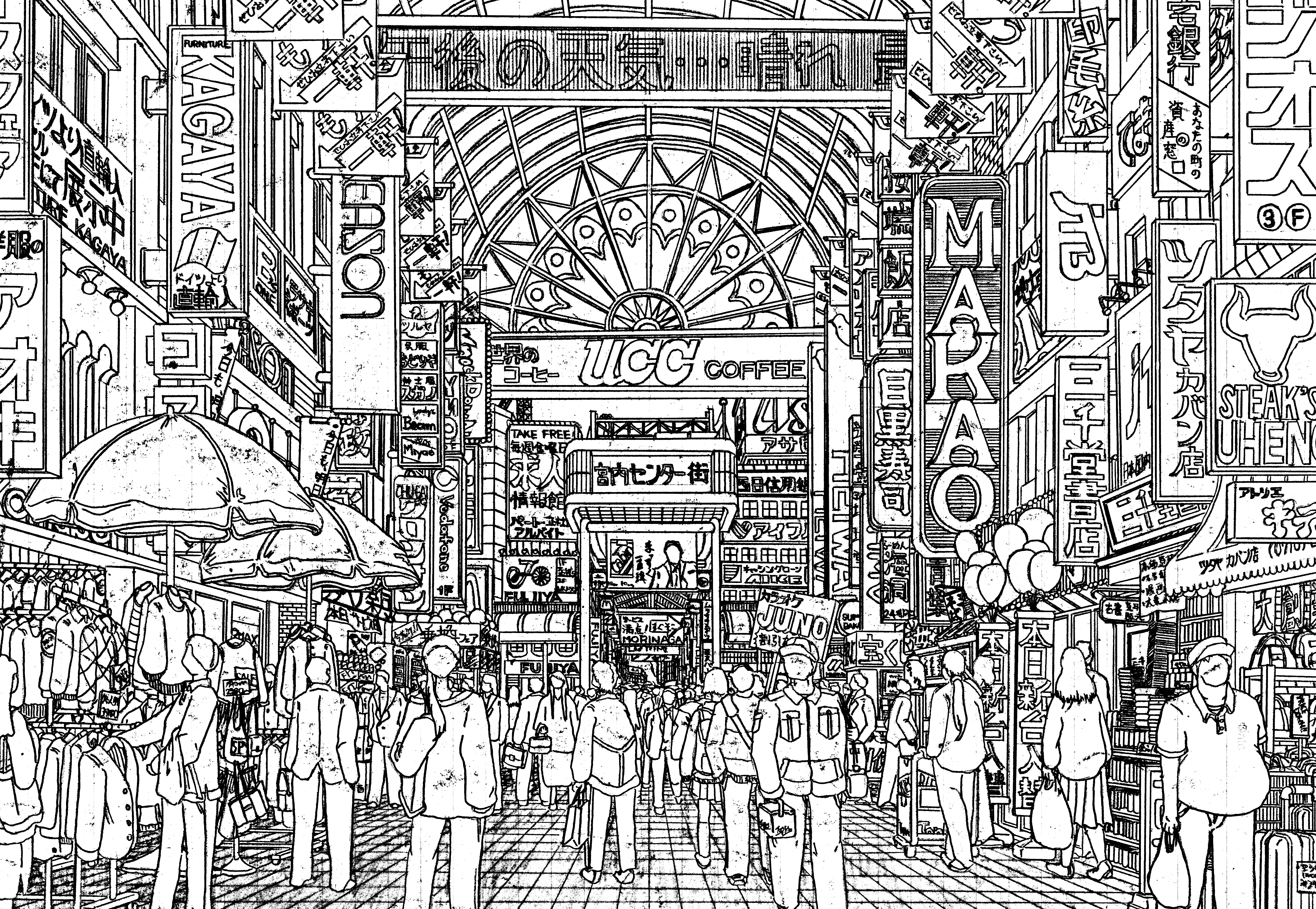 original, absurdres, commentary request, highres, pen (medium), traditional media, translation request, absurdly detailed composition, greyscale, indoors, lineart, loaded interior, mall, monochrome, people, scenery, sign, skylight, tile floor, tiles, urban, yamaguti