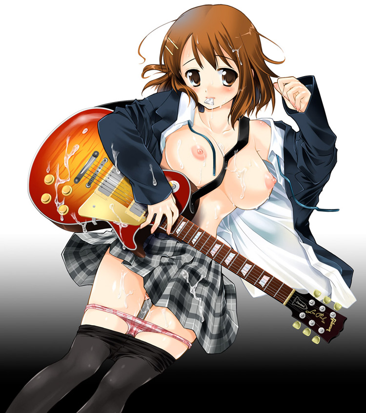 kurosawa kiyotaka, hirasawa yui, gibson, k-on!, bad id, bad pixiv id, 00s, 1girl, breasts, brown eyes, brown hair, clothes pull, cum, cum on body, cum on breasts, cum on clothes, cum on hair, cum on lower body, cum on upper body, electric guitar, female focus, gibson les paul, guitar, hair ornament, hairclip, instrument, mouth hold, nipples, open clothes, open shirt, panties, panty pull, pantyhose, pantyhose pull, plaid clothes, plaid skirt, plectrum, school uniform, shirt, short hair, skirt, solo, underwear