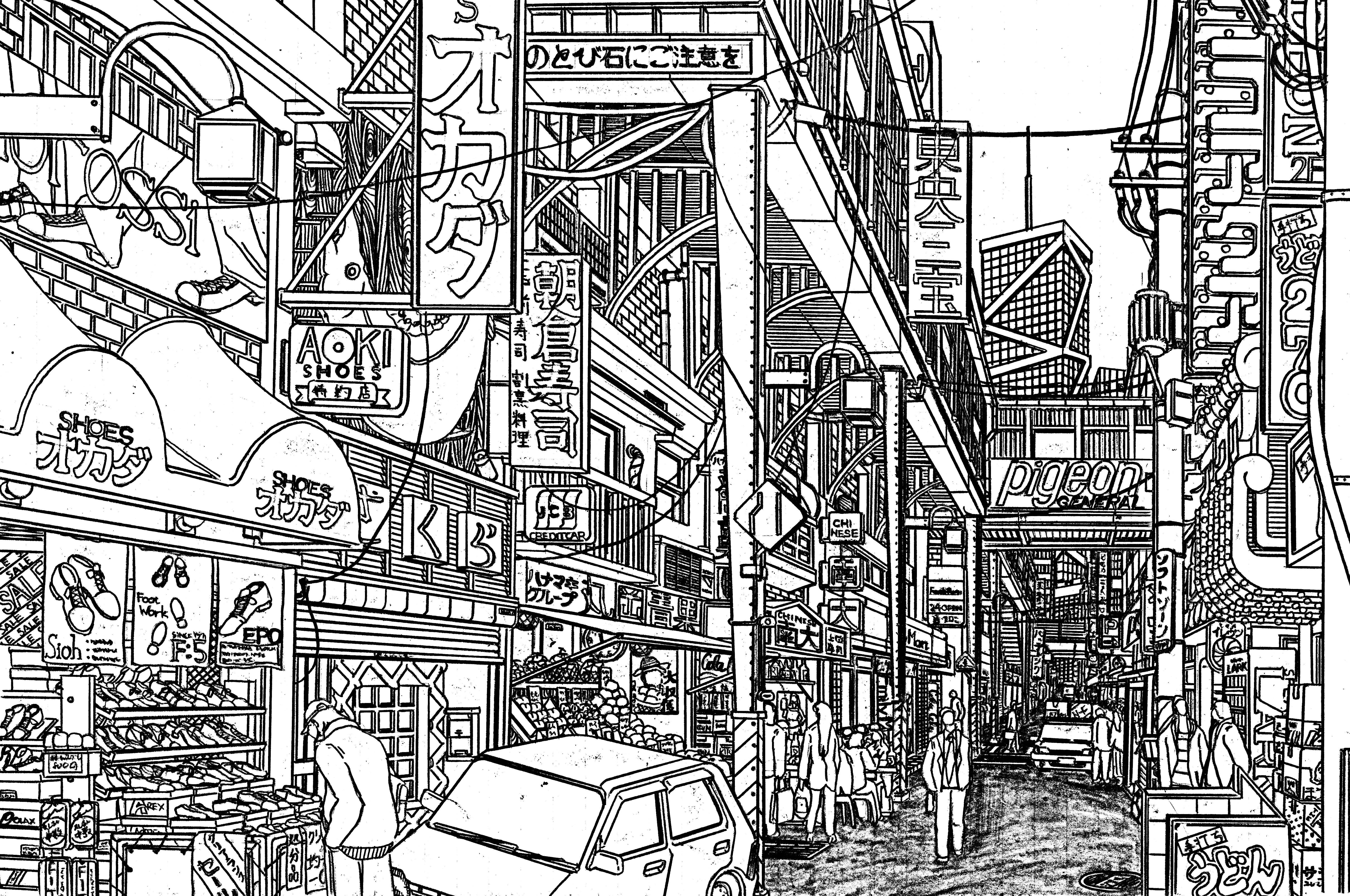original, absurdres, commentary request, highres, pen (medium), traditional media, absurdly detailed composition, building, car, cityscape, complex exterior, greyscale, lineart, monochrome, motor vehicle, outdoors, people, power lines, road, road sign, scenery, shopping district, sign, skyscraper, street, transformer, utility pole, yamaguti