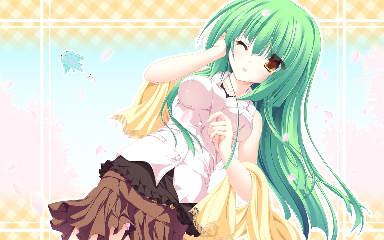 mikagami mamizu, 1girl, cherry blossoms, dutch angle, female focus, green hair, long hair, one eye closed, panties, pantyshot, pink panties, polka dot, polka dot panties, solo, underwear, wink, yellow eyes