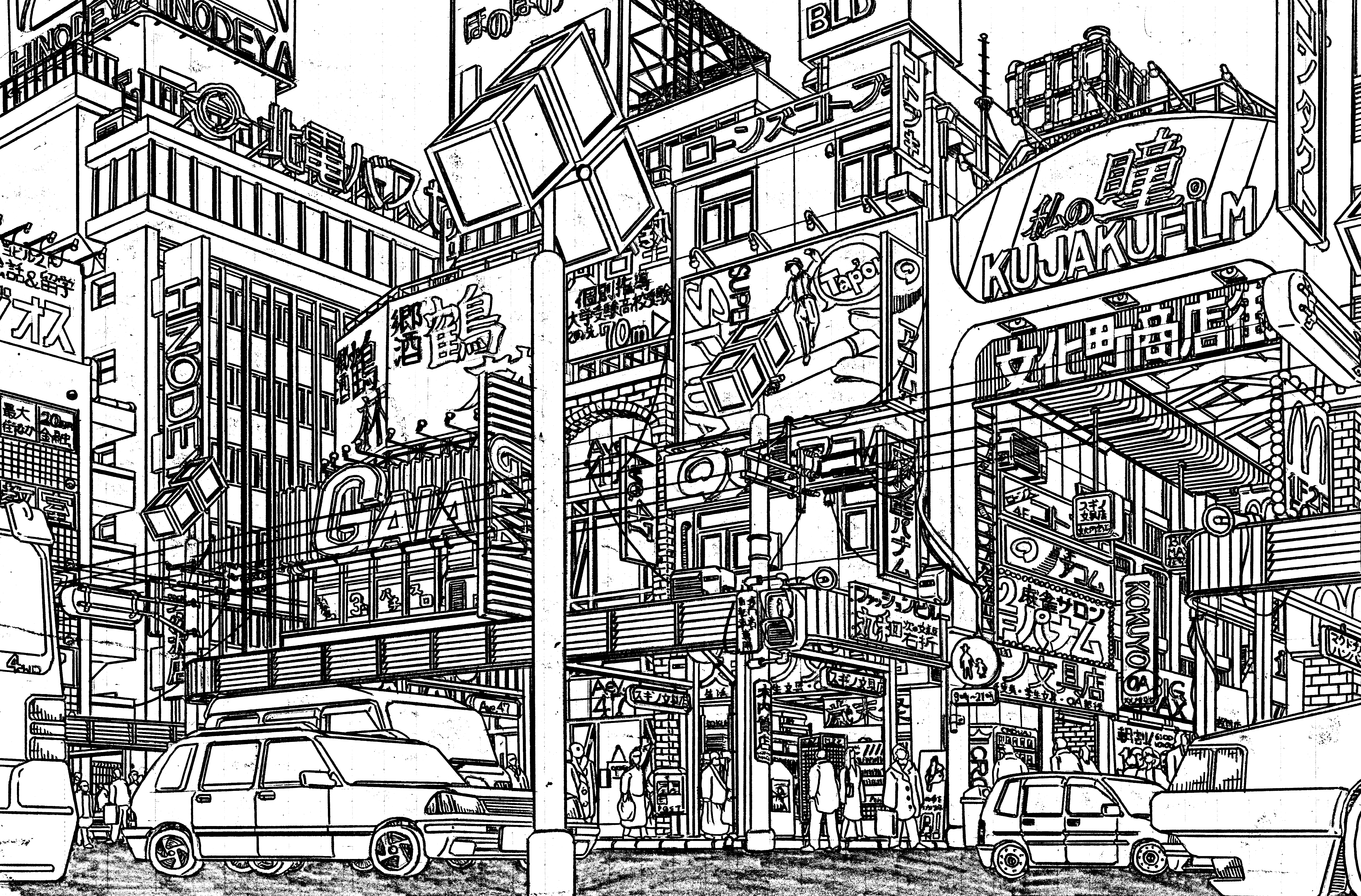 original, absurdres, commentary request, highres, pen (medium), traditional media, translation request, absurdly detailed composition, building, car, complex exterior, greyscale, lineart, monochrome, motor vehicle, outdoors, people, power lines, road, scenery, sign, street, traffic light, urban, utility pole, yamaguti