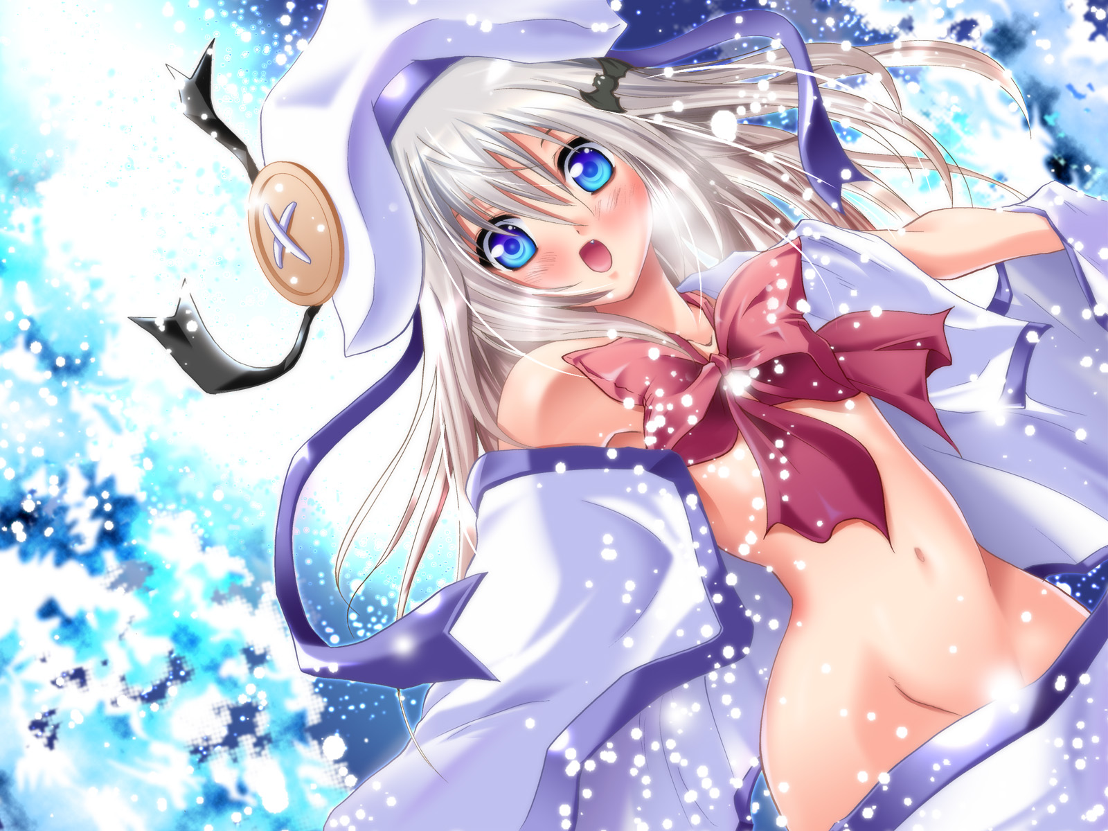 noumi kudryavka, little busters!, highres, 1girl, blonde hair, blue eyes, bow, censored, censored nipples, convenient censoring, female focus, groin, pink bow, solo