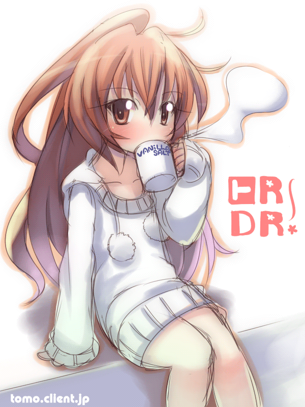 kitahara tomoe (kitahara koubou), aisaka taiga, toradora!, bad id, bad pixiv id, 00s, 1girl, brown hair, cup, drinking, female focus, flat chest, long hair, long sleeves, mug, sketch, sleeves past wrists, solo, sweater