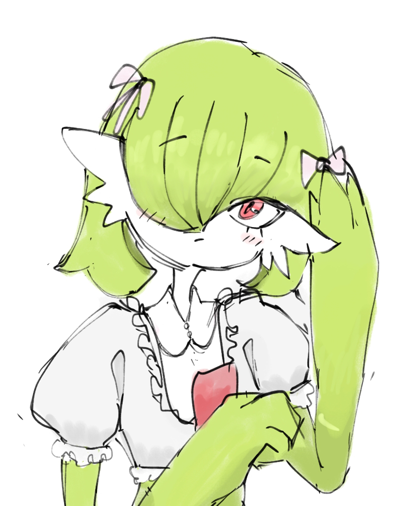 sara (sublender1234), gardevoir, nintendo, pokemon, 1girl, alternate hairstyle, blush, bow, closed mouth, clothed pokemon, collared shirt, colored skin, crop top, female focus, flat chest, frilled shirt, frilled sleeves, frills, gen 3 pokemon, green hair, green skin, grey shirt, hair bow, hair over one eye, hands up, light blush, looking at viewer, multicolored skin, one eye covered, pink bow, pokemon (creature), puffy short sleeves, puffy sleeves, red eyes, shirt, short hair, short sleeves, simple background, sketch, solo, two-tone skin, upper body, white background, white skin