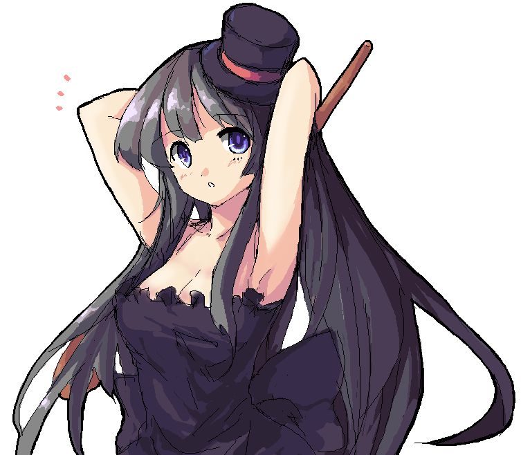 saiste, akiyama mio, don't say "lazy", k-on!, 00s, 1girl, armpits, bare shoulders, black hair, blue eyes, blunt bangs, breasts, cane, cleavage, dress, facepaint, female focus, hat, hime cut, large breasts, long hair, mini hat, mini top hat, oekaki, solo, top hat