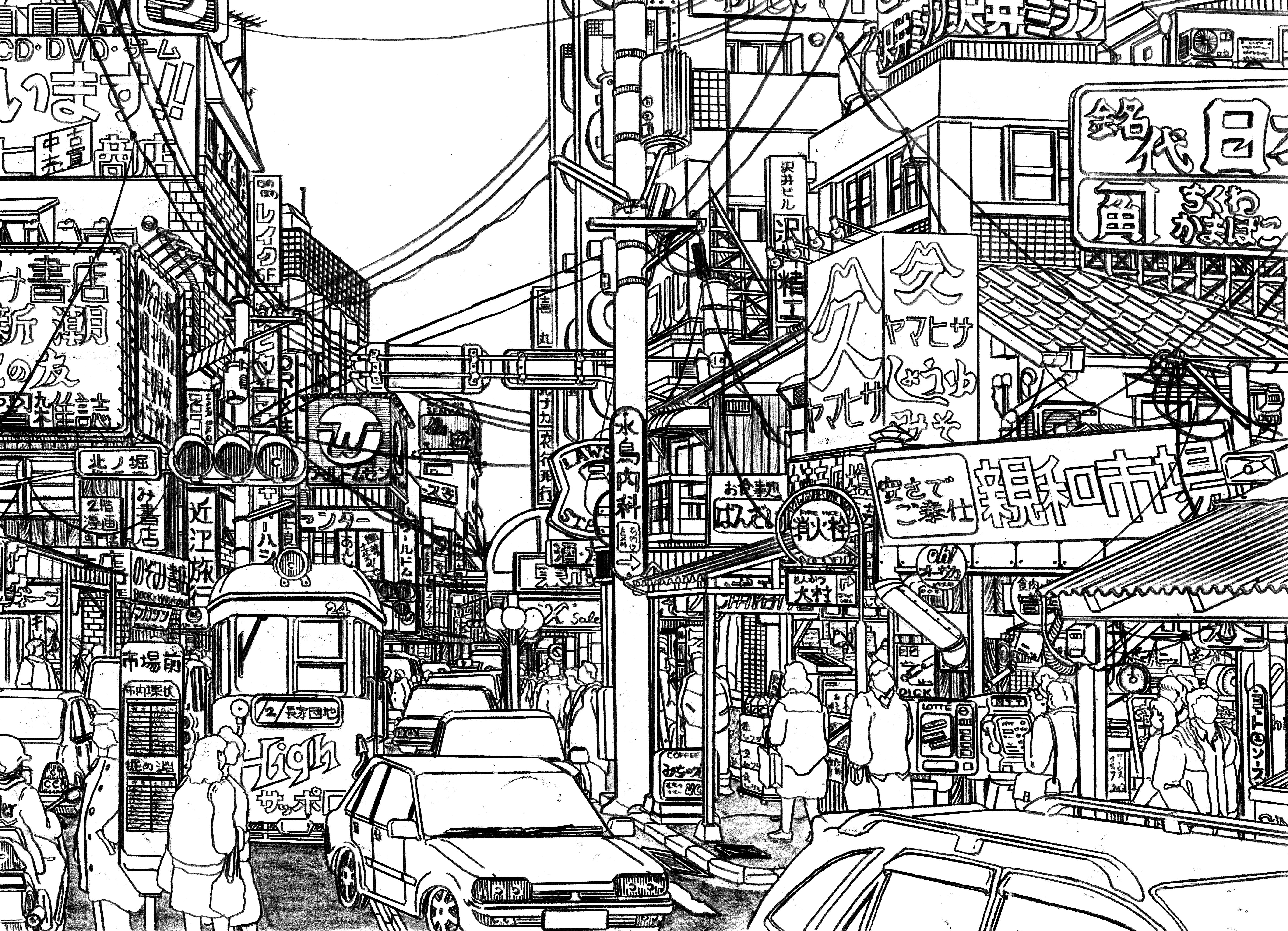 original, absurdres, commentary request, highres, pen (medium), traditional media, translation request, absurdly detailed composition, building, complex exterior, greyscale, lineart, monochrome, outdoors, people, power lines, scenery, sign, streetcar, traffic, traffic light, urban, utility pole, yamaguti