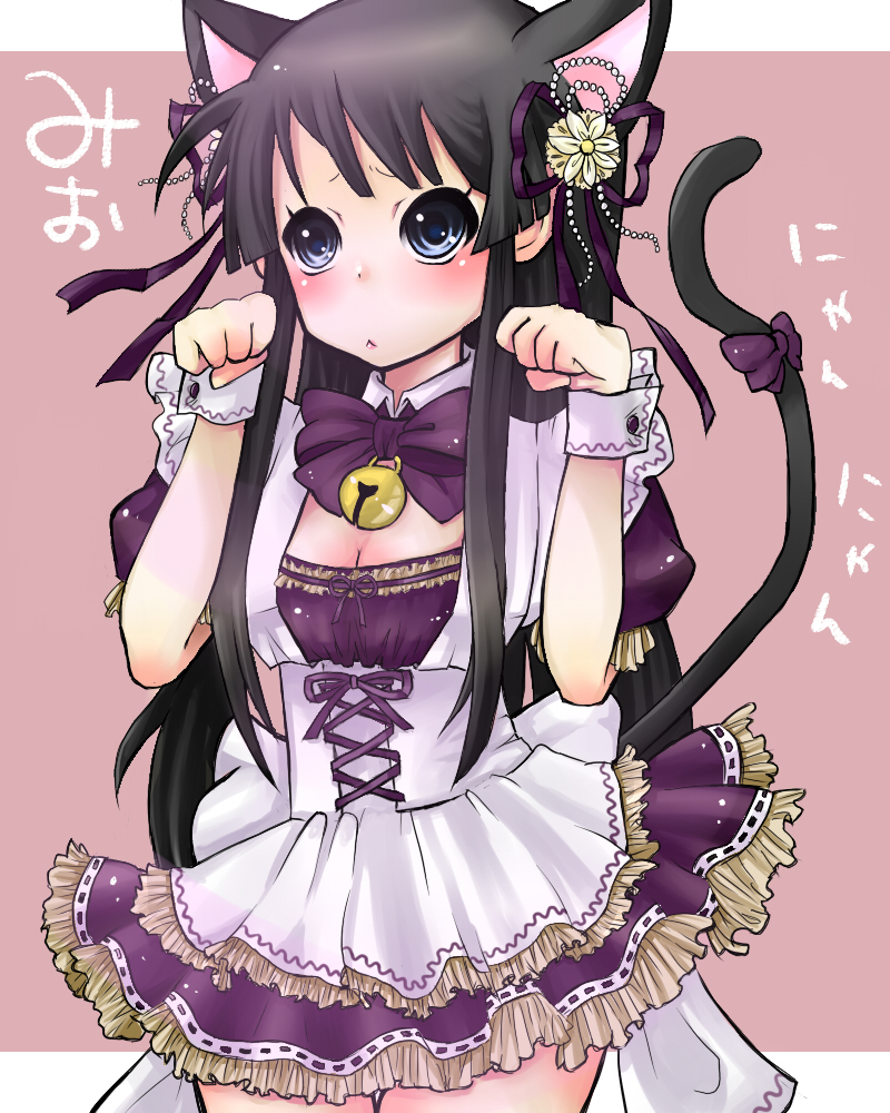 nyofuu, akiyama mio, k-on!, bad id, bad pixiv id, 00s, 1girl, :<, animal ears, bell, black hair, blue eyes, blunt bangs, blush, breasts, cat ears, cat girl, cat tail, cleavage, corset, dress, female focus, hair ornament, hair ribbon, hime cut, long hair, medium breasts, paw pose, ribbon, solo, tail, tail ornament, tail ribbon