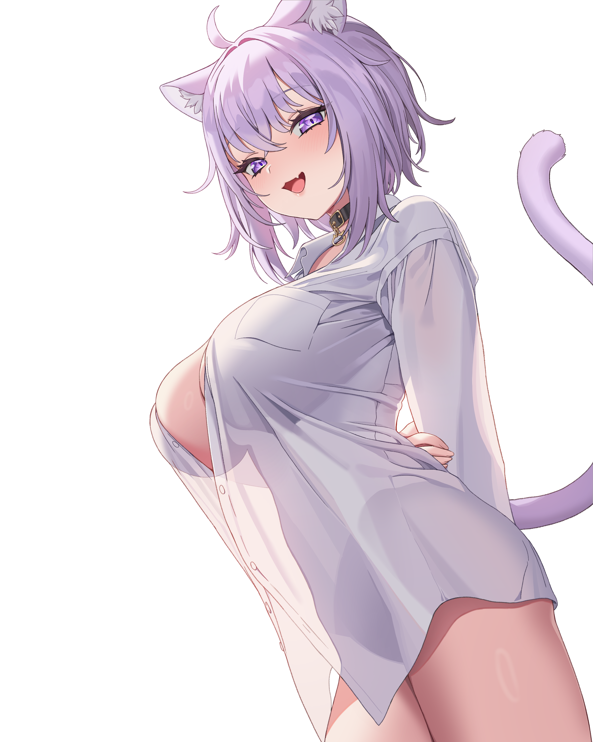 yan.c, nekomata okayu, nekomata okayu (oversized shirt), hololive, absurdres, commentary, highres, 1girl, animal collar, animal ear fluff, animal ears, black collar, blush, breasts, cat ears, cat girl, cat tail, collar, large breasts, looking at viewer, naked shirt, official alternate costume, open mouth, purple eyes, purple hair, purple tail, see-through clothes, see-through shirt, shirt, short hair, simple background, smile, solo, tail, thighs, virtual youtuber, white background, white shirt