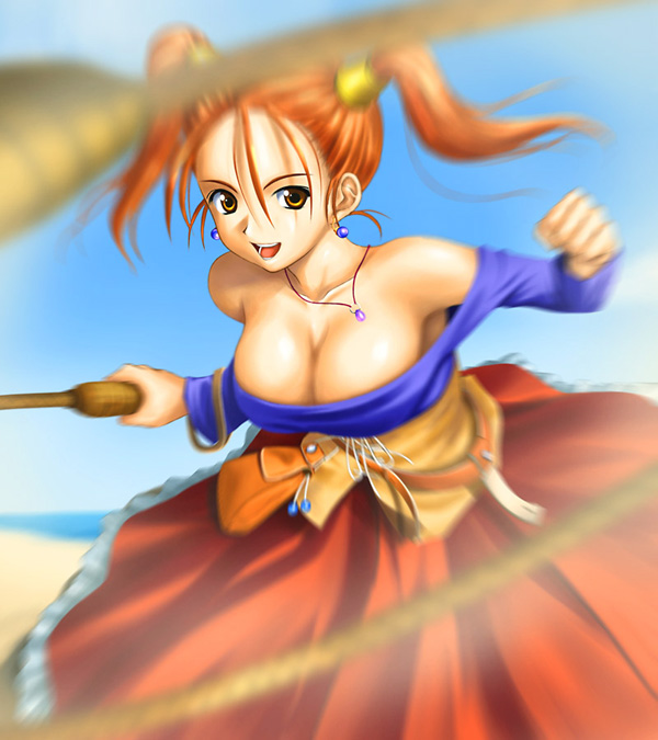 jessica albert, dragon quest, dragon quest viii, square enix, 1girl, armpits, bare shoulders, breasts, cleavage, corset, downblouse, dress, female focus, jewelry, large breasts, necklace, off shoulder, orange hair, purple shirt, shirt, solo, strapless, strapless dress, twintails, whip
