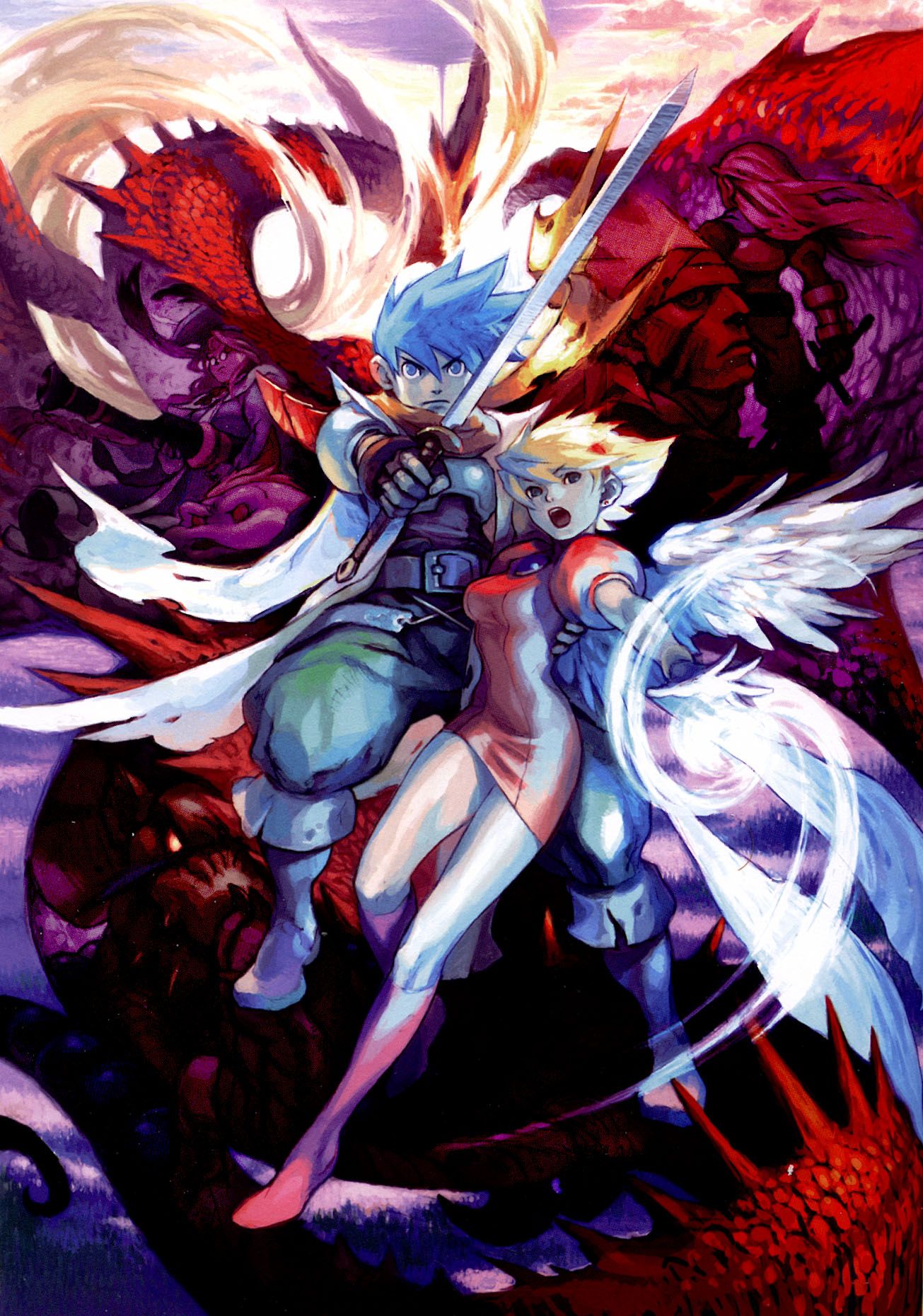 yoshikawa tatsuya, momo (breath of fire), nina (breath of fire iii), peco (bof), peco (breath of fire), rei (breath of fire), ryu (breath of fire iii), teepo, breath of fire, breath of fire complete works, breath of fire iii, capcom, highres, official art, 1990s (style), 2girls, 3boys, angel wings, armor, ass, blonde hair, blue hair, boots, breasts, dragon, dress, hairband, knee boots, multiple boys, multiple girls, retro artstyle, sword, weapon, white wings, wings