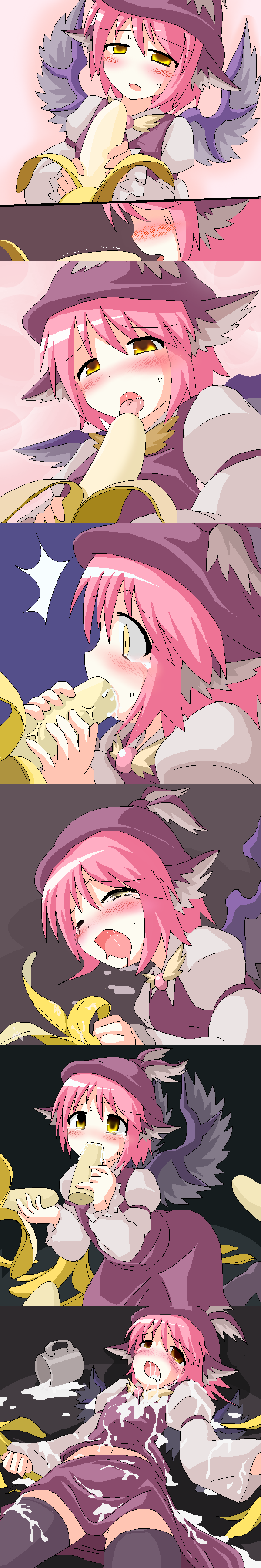 des (namaasi), mystia lorelei, touhou, absurdres, highres, long image, tall image, 1girl, animal ears, banana, blush, cup, female focus, female pervert, food, fruit, hat, mug, oekaki, pervert, pink hair, sexually suggestive, suggestive fluid, wings, you're doing it wrong