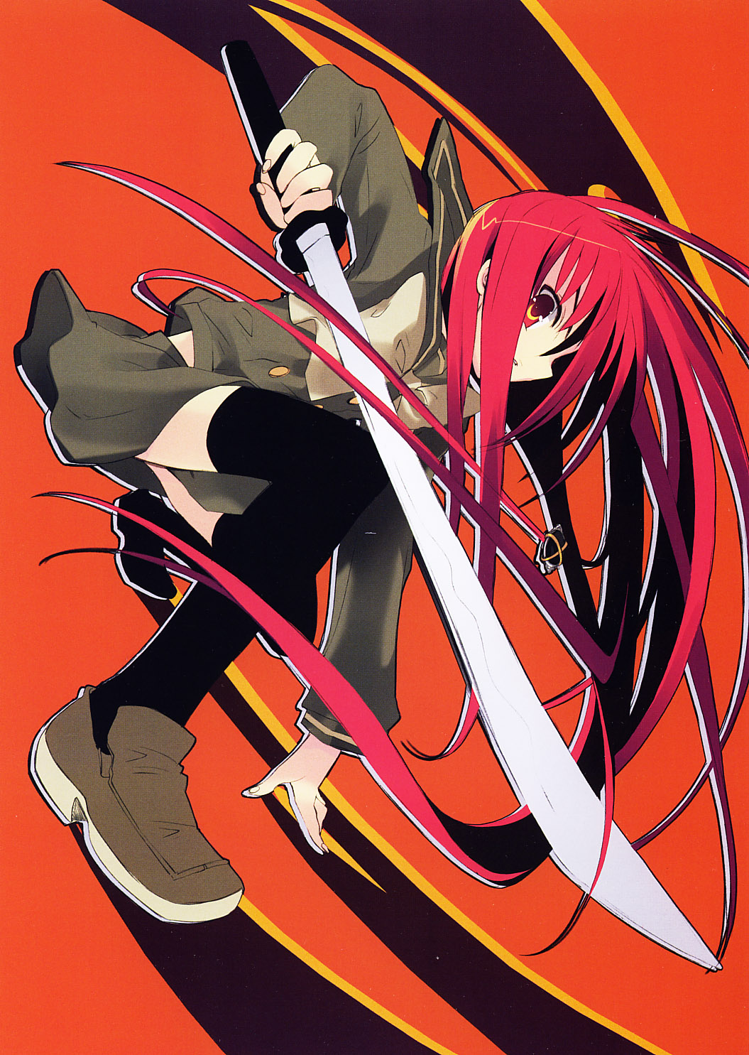 ito noizi, alastor (shakugan no shana), shana, shakugan no shana, highres, 00s, 1girl, female focus, red eyes, red hair, school uniform, solo, sword, thighhighs, weapon