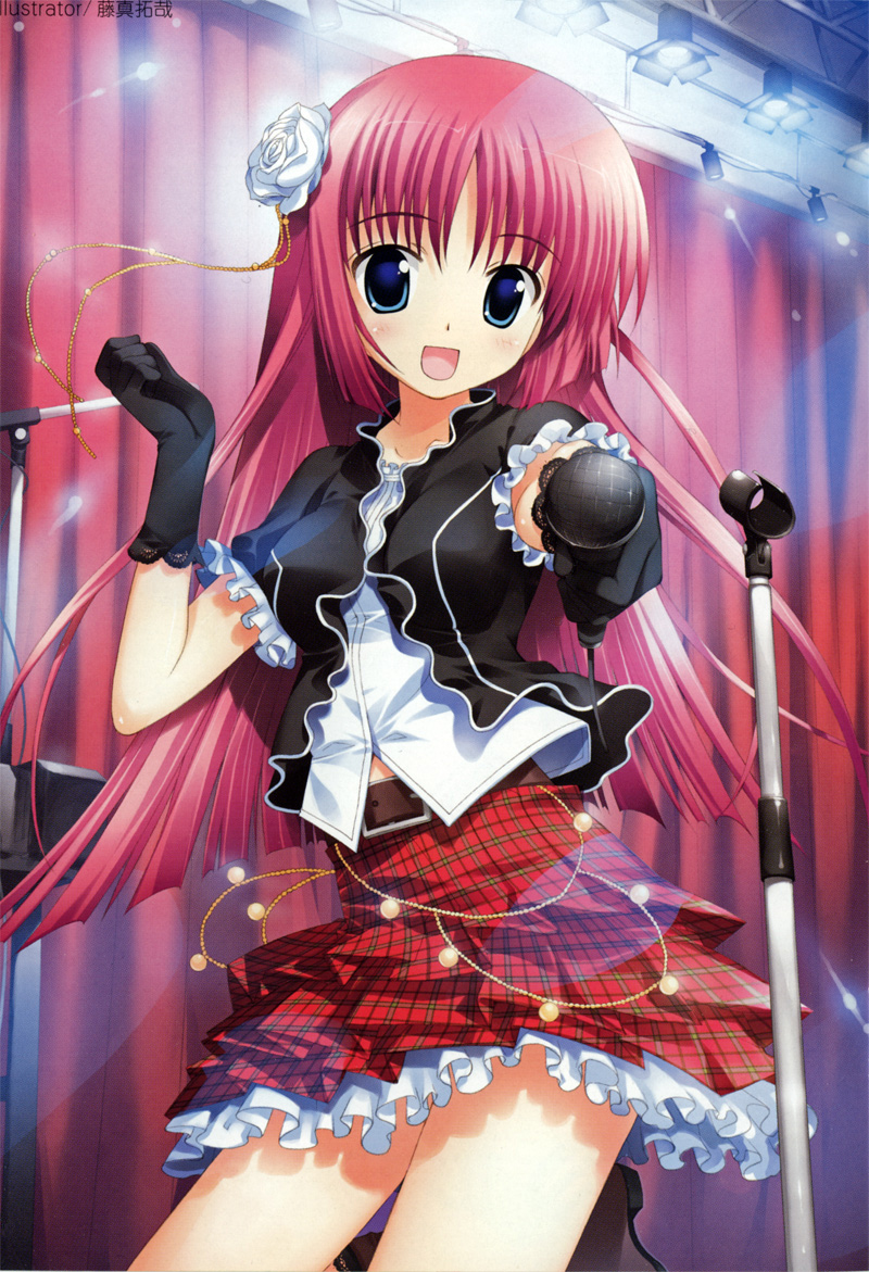 fujima takuya, 1girl, belt, black gloves, blue eyes, boots, female focus, flower, frills, gathers, gloves, hair flower, hair ornament, lace, lace-trimmed gloves, lace trim, looking at viewer, microphone, microphone stand, plaid clothes, plaid skirt, red hair, rose, skirt, solo, stage, white flower, white rose