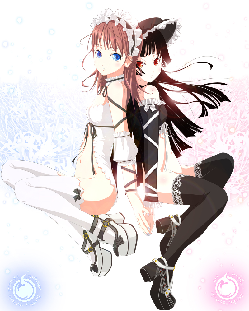 mana (blade of mana), enma ai, mikage yuzuki, jigoku shoujo, 00s, 2girls, angel and devil, back-to-back, black hair, black vs white, blue eyes, blunt bangs, bonnet, bottomless, breasts, brown hair, choker, cleavage, flat chest, gothic lolita, groin, headband, hime cut, legs, legs together, lolita fashion, long hair, medium breasts, midriff, multiple girls, navel, no panties, red eyes, ribbon, shoes, thighhighs