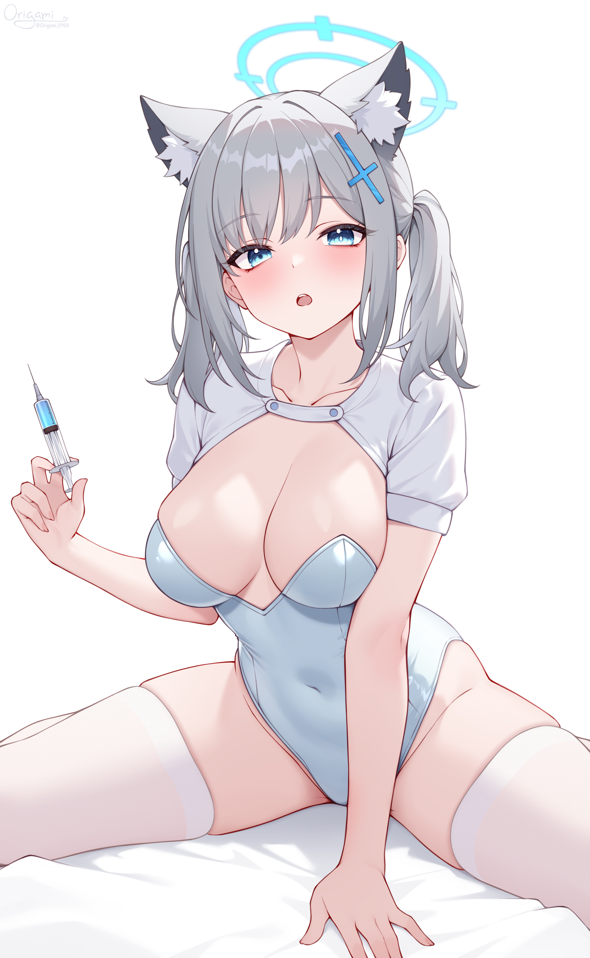 origami (poinia), shiroko (blue archive), blue archive, absurdres, commentary request, highres, 1girl, alternate costume, alternate hairstyle, animal ear fluff, animal ears, blue eyes, blue halo, blue leotard, blush, breasts, cleavage, covered navel, grey hair, halo, holding, holding syringe, large breasts, leotard, looking at viewer, medium hair, open mouth, puffy short sleeves, puffy sleeves, short sleeves, shrug (clothing), simple background, sitting, skindentation, solo, strapless, strapless leotard, syringe, thick thighs, thighhighs, thighs, twintails, white background, white shrug, white thighhighs, wolf ears, wolf girl