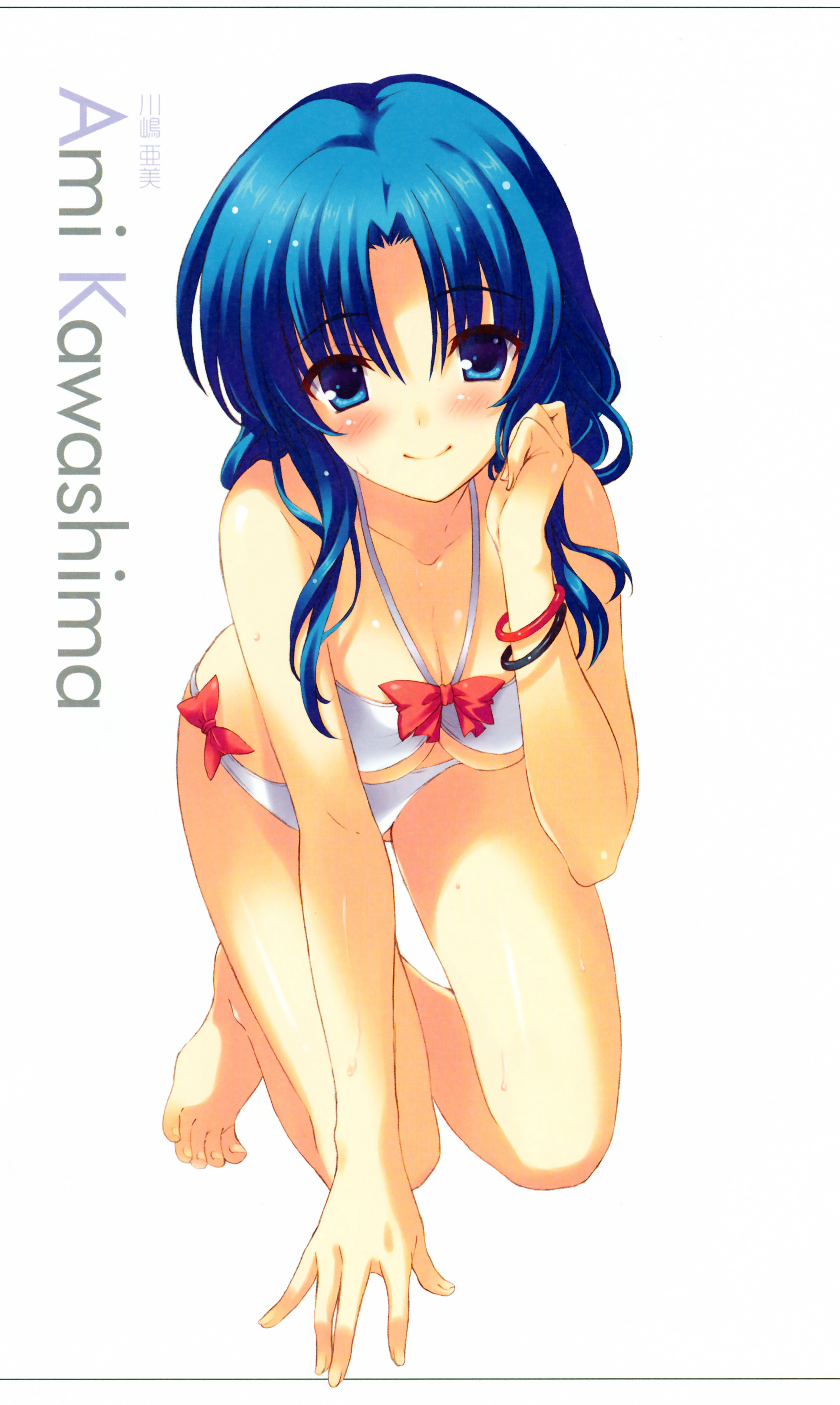 ohara tometa, kawashima ami, toradora!, absurdres, highres, 00s, 1girl, barefoot, bikini, blue eyes, blue hair, blush, breasts, cleavage, female focus, matching hair/eyes, smile, solo, swimsuit