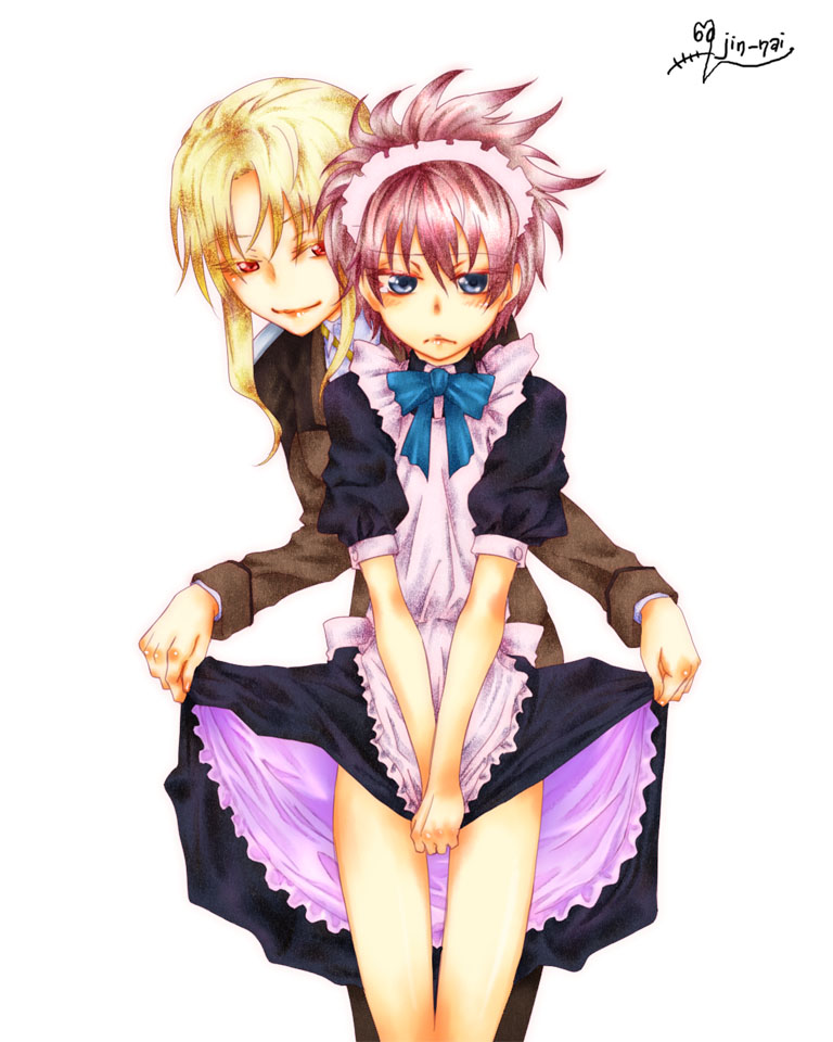 jin nai, erio mondial, fate testarossa, lyrical nanoha, mahou shoujo lyrical nanoha, mahou shoujo lyrical nanoha strikers, 00s, 1boy, 1girl, apron, blonde hair, blue eyes, clothes lift, covering crotch, covering privates, crossdressing, dress, dress lift, dress tug, hairband, long hair, maid, maid apron, military, military uniform, red eyes, red hair, trap