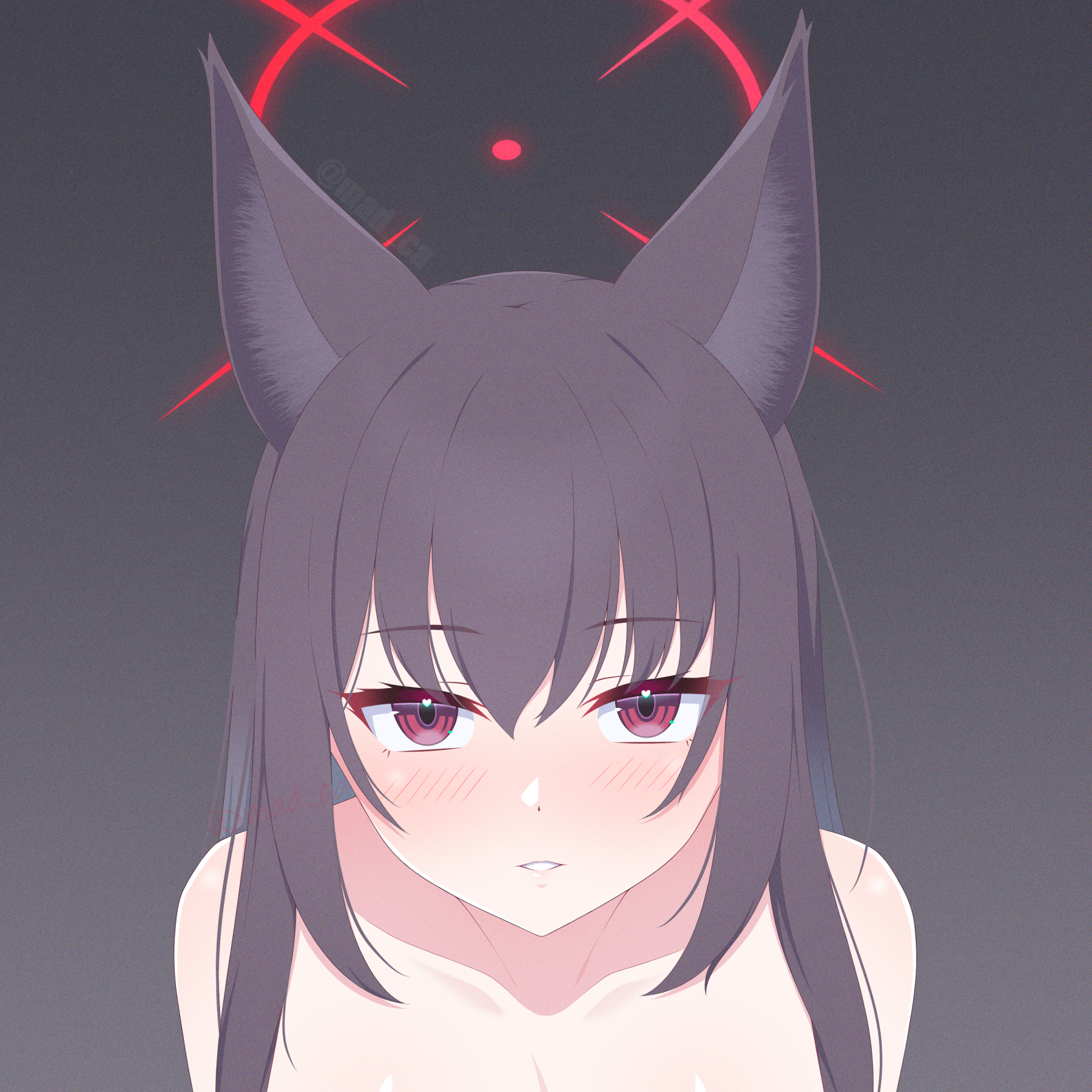 madoka (user zrnk8278), yukino (blue archive), blue archive, commentary, english commentary, highres, 1girl, animal ear fluff, animal ears, blush, brown hair, collarbone, eyelashes, film grain, fox ears, fox girl, grey background, hair between eyes, halo, heart, heart in eye, long hair, looking at viewer, parted lips, portrait, red eyes, red halo, simple background, smile, solo, straight-on, straight hair, symbol in eye, tsurime