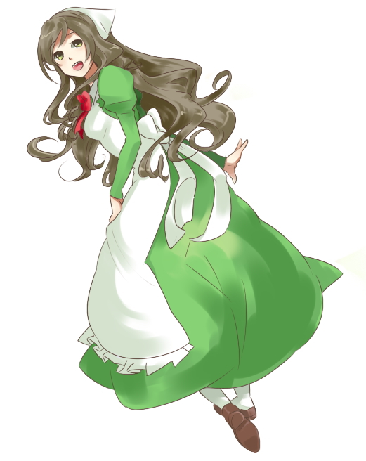 mihazi, hungary (hetalia), axis powers hetalia, bad id, bad pixiv id, 00s, 1girl, apron, brown hair, dress, female focus, full body, headscarf, long hair, maid, maid apron, simple background, smile, solo, wavy hair, white background, white headscarf