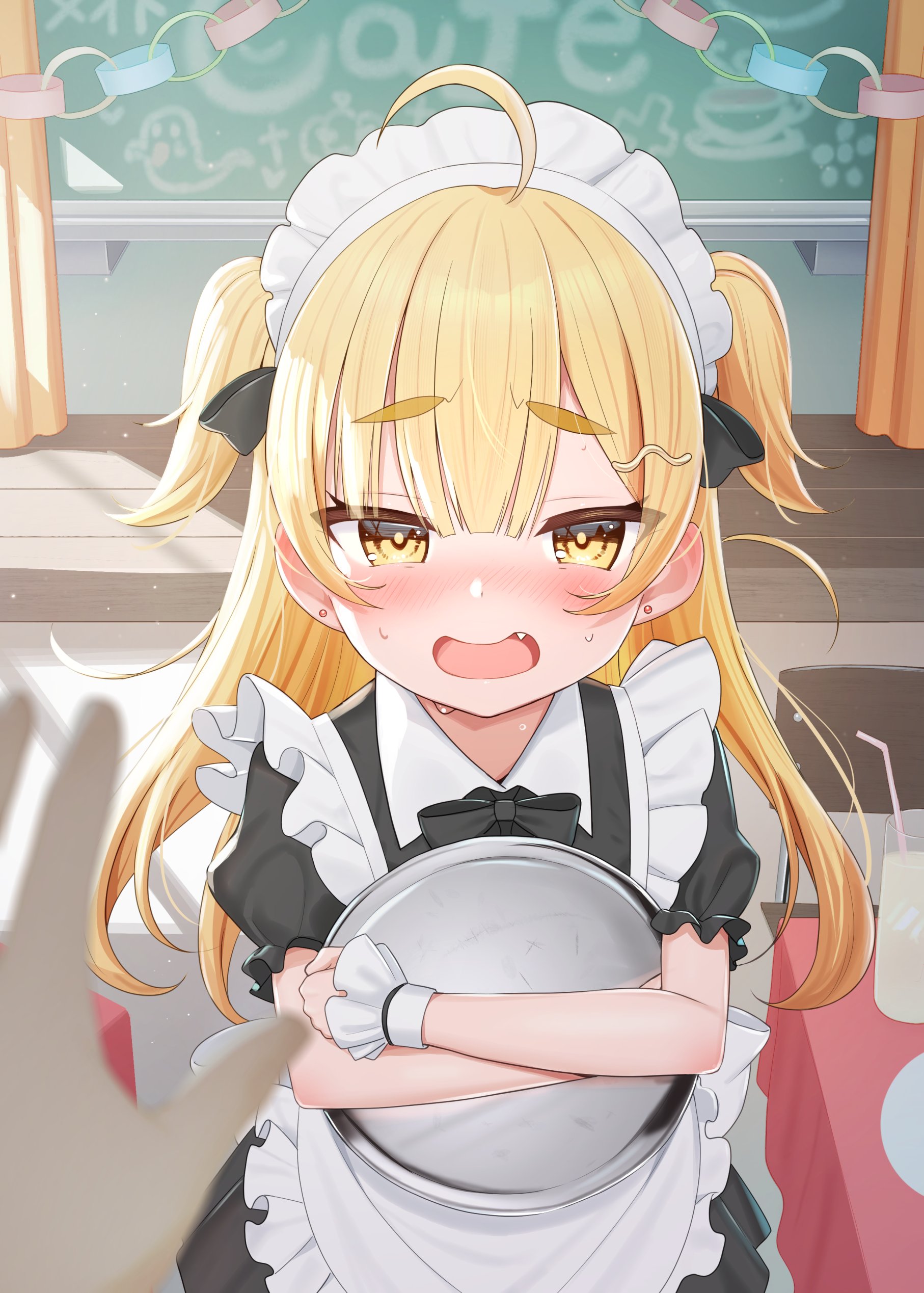 tsukiman, original, absurdres, commentary request, highres, 1girl, ahoge, apron, black bow, black bowtie, black dress, blonde hair, blurry, blurry foreground, blush, bow, bowtie, dress, earrings, fang, frilled apron, frills, holding, holding tray, indoors, jewelry, long hair, looking at viewer, maid, maid apron, maid headdress, open mouth, pov, pov hands, puffy short sleeves, puffy sleeves, short sleeves, solo focus, stud earrings, sweat, thick eyebrows, tray, two side up, white apron, white wrist cuffs, wrist cuffs, yellow eyes