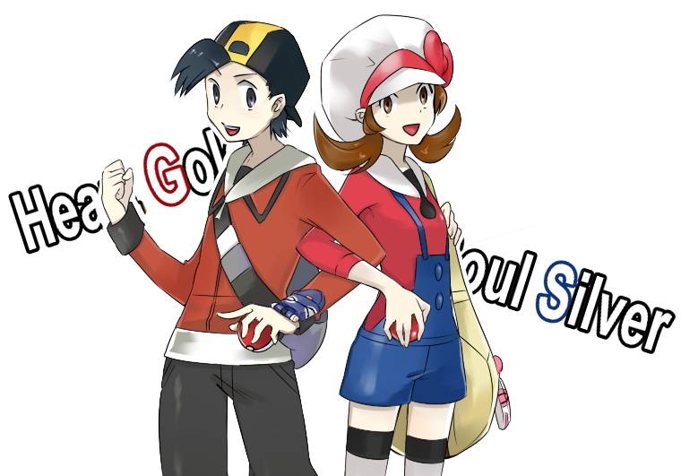 mihazi, ethan (pokemon), lyra (pokemon), nintendo, pokemon, pokemon hgss, arm grab, bad id, bad pixiv id, 00s, 1boy, 1girl, alternate costume, bag, baseball cap, black hair, bow, brown hair, character name, copyright name, cowboy shot, hat, hat ribbon, holding, holding poke ball, hood, hoodie, newsboy cap, overalls, poke ball, pokegear, red ribbon, ribbon, short twintails, thighhighs, twintails