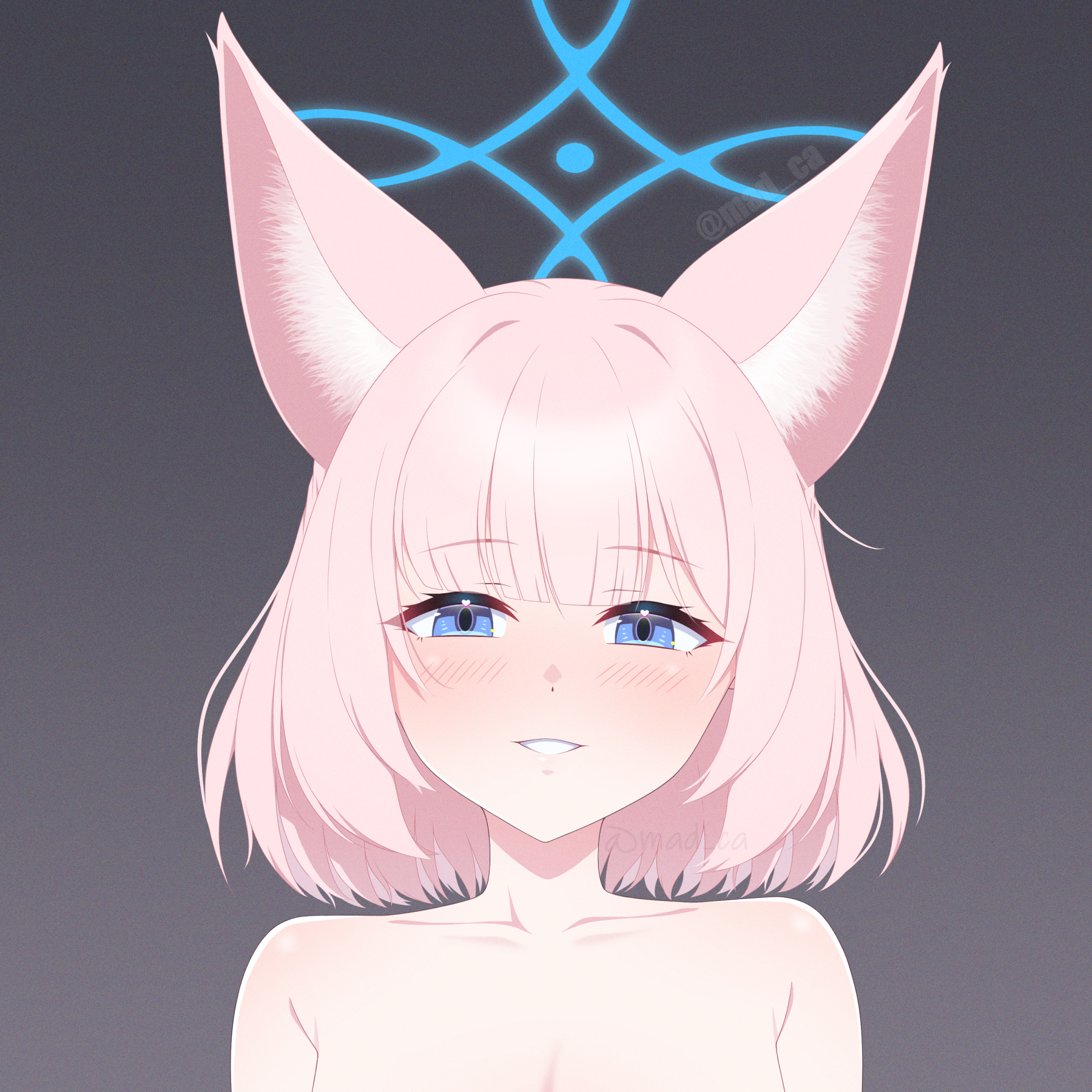 madoka (user zrnk8278), niko (blue archive), blue archive, commentary, english commentary, highres, 1girl, :d, animal ear fluff, animal ears, armpit crease, blue eyes, blue halo, blunt bangs, blush, collarbone, eyes visible through hair, film grain, fox ears, fox girl, grey background, grin, halo, heart, heart in eye, looking at viewer, medium hair, open mouth, pink hair, simple background, smile, solo, straight hair, symbol in eye, tsurime, watermark