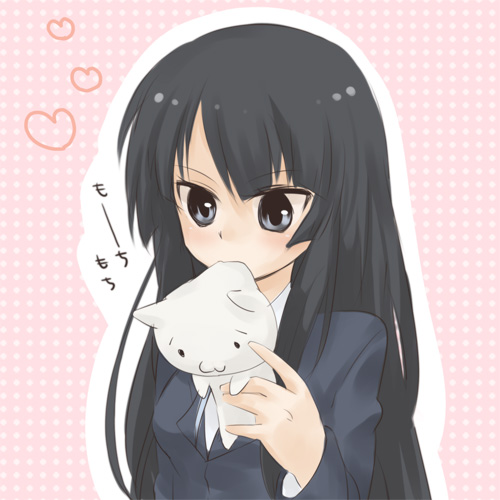 poplovers, akiyama mio, k-on!, bad id, bad pixiv id, lowres, 00s, 1girl, black hair, blazer, blue eyes, blunt bangs, cat, chewing, female focus, heart, hime cut, jacket, long hair, mouth hold, school uniform, solo, stuffed animal, stuffed cat, stuffed toy