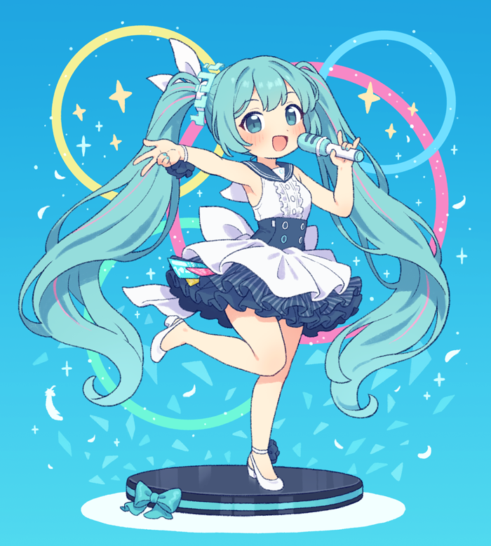 onyhakase, hatsune miku, hatsune miku (blue archive), blue archive, vocaloid, commentary, 1girl, :d, blue eyes, blue hair, blue sailor collar, bow, dress, full body, holding, holding microphone, long hair, microphone, official alternate costume, open mouth, sailor collar, sailor dress, shoes, sleeveless, sleeveless dress, smile, solo, standing, standing on one leg, twintails, very long hair, white dress, white shoes