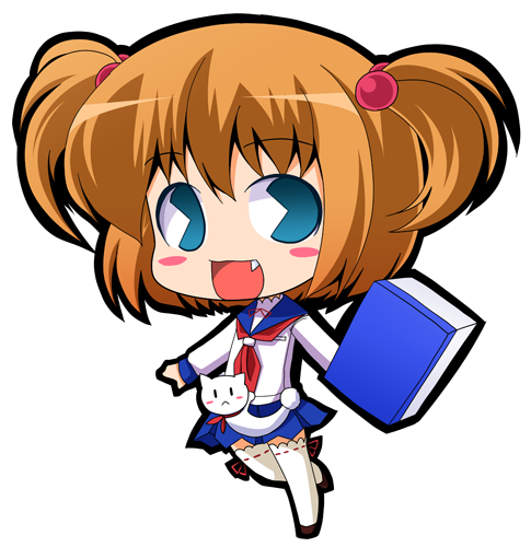 suntail, kataoka yuuki, saki (manga), lowres, 00s, 1girl, blue eyes, blush, board game, brown hair, chibi, fang, female focus, hair bobbles, hair ornament, mahjong, pac-man eyes, school uniform, serafuku, short hair, skirt, smile, solo, thighhighs, twintails, two side up, zettai ryouiki
