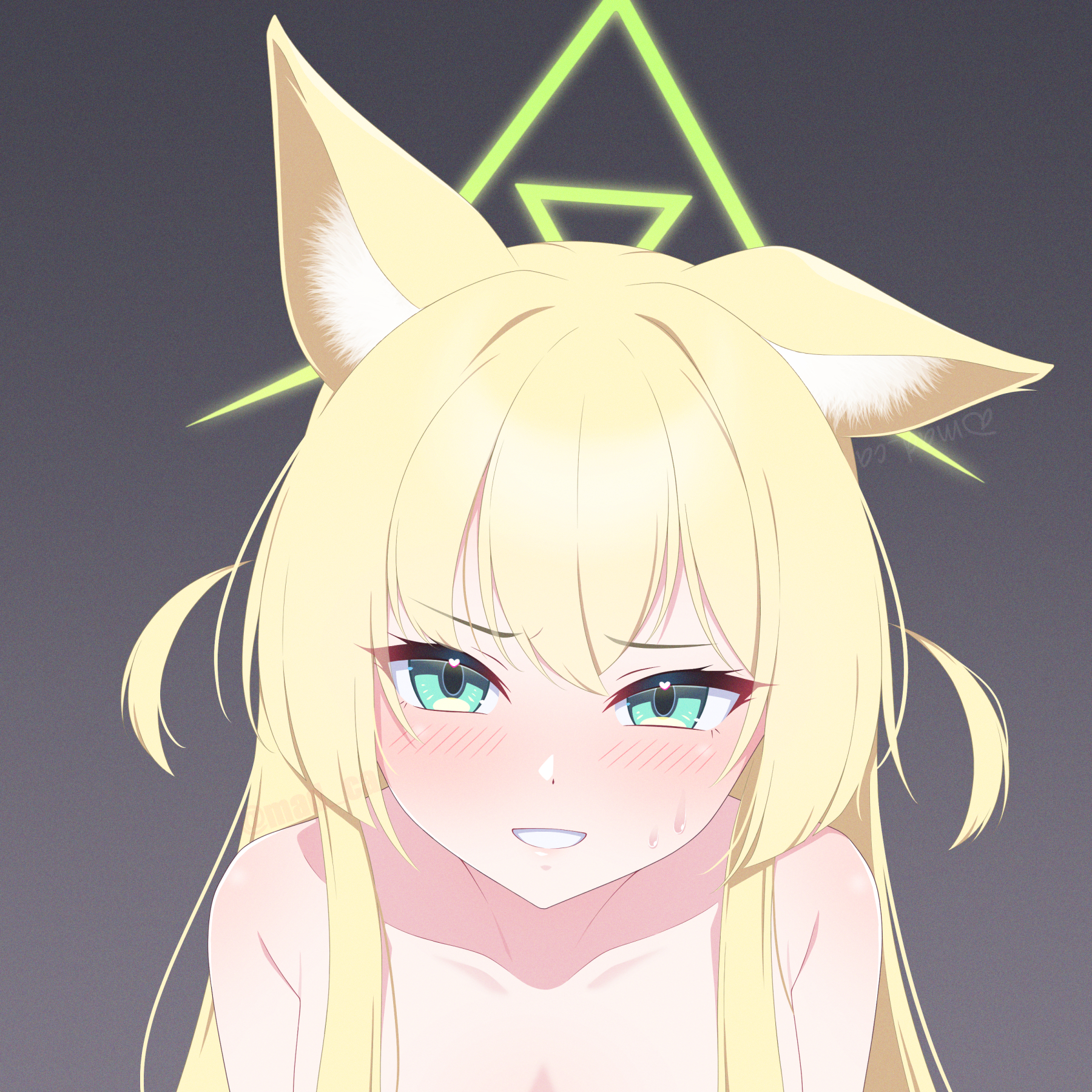 madoka (user zrnk8278), kurumi (blue archive), blue archive, commentary, english commentary, highres, 1girl, :d, animal ear fluff, animal ears, bare shoulders, blonde hair, blush, collarbone, eyelashes, film grain, fox ears, fox girl, green eyes, green halo, grey background, grin, hair between eyes, hair intakes, halo, heart, heart in eye, long hair, looking at viewer, open mouth, portrait, sidelocks, simple background, smile, solo, straight hair, sweatdrop, symbol in eye, tsurime, two side up, v-shaped eyebrows, watermark
