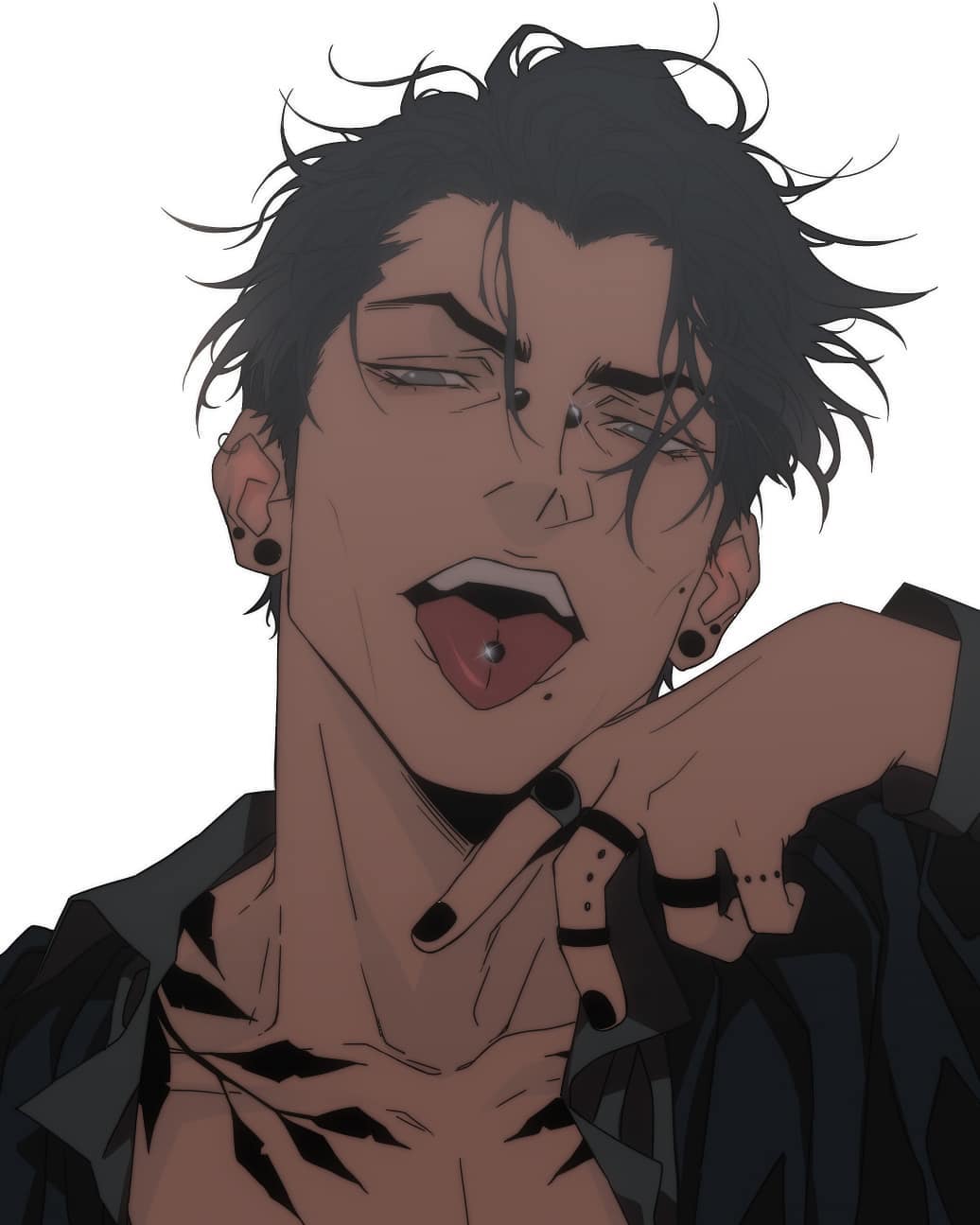 character request, highres, non-web source, 1boy, black hair, black nails, black shirt, chest tattoo, collarbone, ear piercing, earrings, eyebrow piercing, face piercing, grey eyes, half-closed eyes, hand tattoo, hand up, jewelry, lip piercing, long sleeves, looking at viewer, male focus, mole, mole under mouth, multiple piercings, multiple rings, open clothes, open mouth, open shirt, pectorals, piercing, portrait, ring, shirt, short hair, solo, tattoo, teeth, tongue, tongue out, tongue piercing, upper body, white background