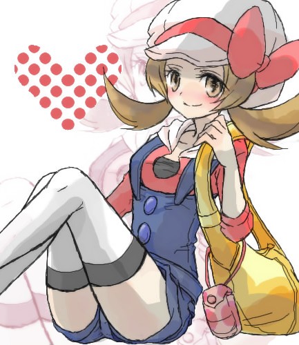 natsu315, lyra (pokemon), nintendo, pokemon, pokemon hgss, lowres, 00s, 1girl, bag, blush, brown eyes, brown hair, cellphone, female focus, handbag, hat, hat ribbon, heart, newsboy cap, overalls, phone, pokegear, red ribbon, ribbon, short twintails, simple background, solo, thighhighs, twintails, white background, white thighhighs, zoom layer