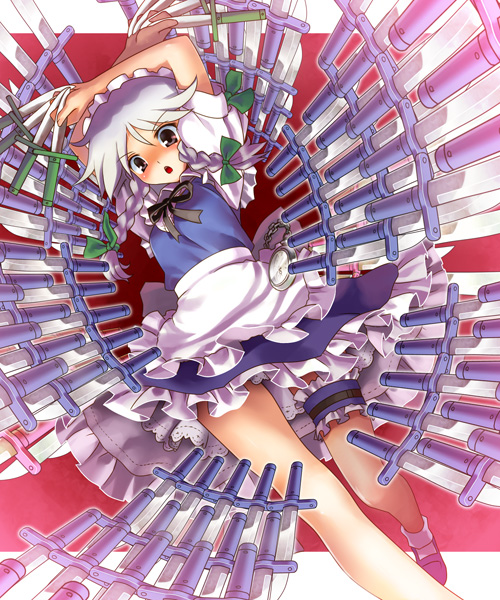 katahira masashi, izayoi sakuya, touhou, >:o, 1girl, :o, between fingers, braid, danmaku, female focus, frilled thigh strap, grey hair, holding, knife, maid, maid headdress, open mouth, petticoat, pocket watch, ribbon, solo, spell card, thigh strap, twin braids, v-shaped eyebrows, watch
