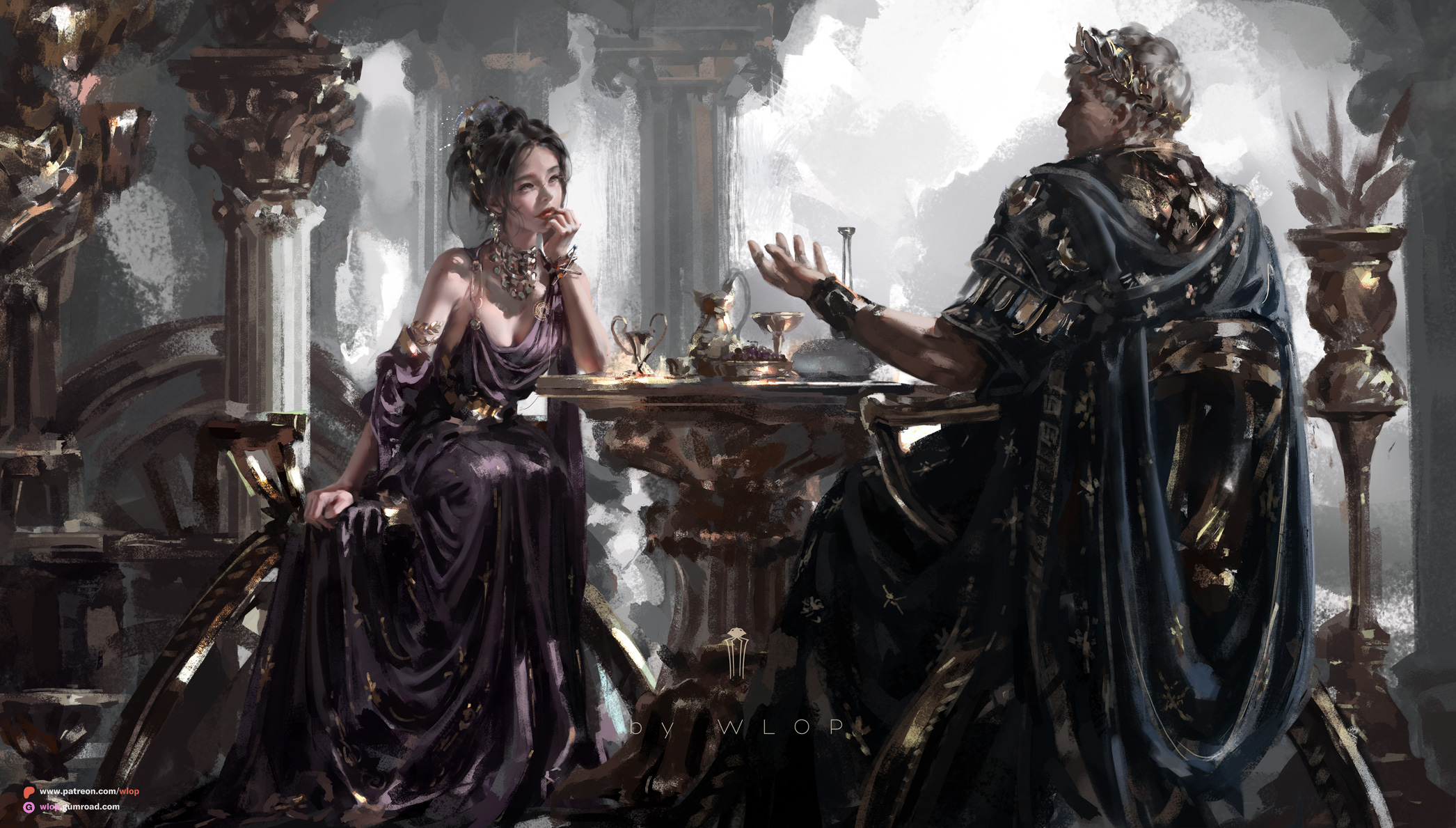 wlop, original, commentary, highres, 1boy, 1girl, ancient greek clothes, armlet, bare shoulders, black hair, column lineup, dress, greco-roman clothes, grey hair, gumroad username, indoors, jewelry, laurel crown, long dress, looking at another, patreon username, purple dress, red lips, roman clothes, signature, sitting, table