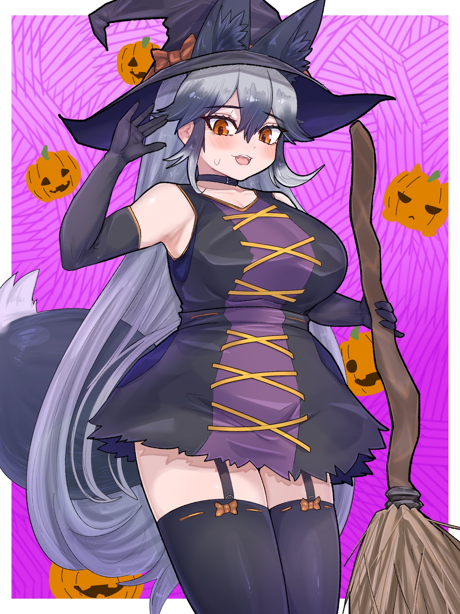 aramaru, silver fox (kemono friends), kemono friends, highres, 1girl, animal ears, black hair, black hat, blush, bow, breasts, broom, dress, elbow gloves, extra ears, fox ears, fox tail, garter straps, gloves, grey hair, hair between eyes, halloween, halloween costume, hat, holding, holding broom, jack-o'-lantern, large breasts, large hat, long hair, looking at viewer, multicolored hair, open mouth, pumpkin, smile, solo, tail, thighhighs, witch, witch hat