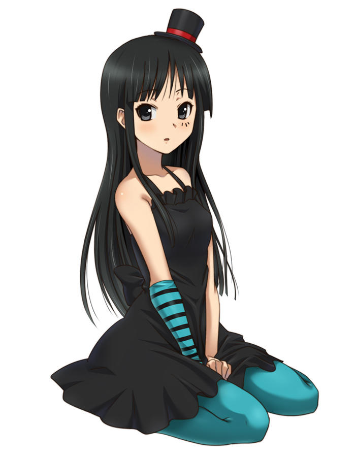 hashi, hashi(gururinko), akiyama mio, don't say "lazy", k-on!, bad id, bad pixiv id, 00s, 1girl, aqua pantyhose, black eyes, black hair, blue pantyhose, blunt bangs, dress, facepaint, female focus, fingerless gloves, gloves, hat, hime cut, long hair, mini hat, mini top hat, pantyhose, sitting, solo, striped clothes, striped gloves, top hat