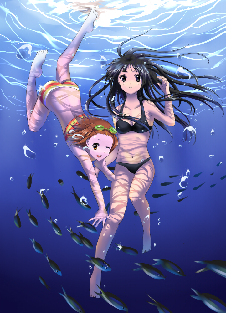 sakiya, w rong, akiyama mio, tainaka ritsu, k-on!, 00s, 2girls, ass, barefoot, bikini, black eyes, black hair, breasts, brown eyes, brown hair, cleavage, feet, fish, freediving, goggles, long hair, medium breasts, multiple girls, one eye closed, short hair, striped bikini, striped clothes, swimsuit, tomboy, underwater, water, wink